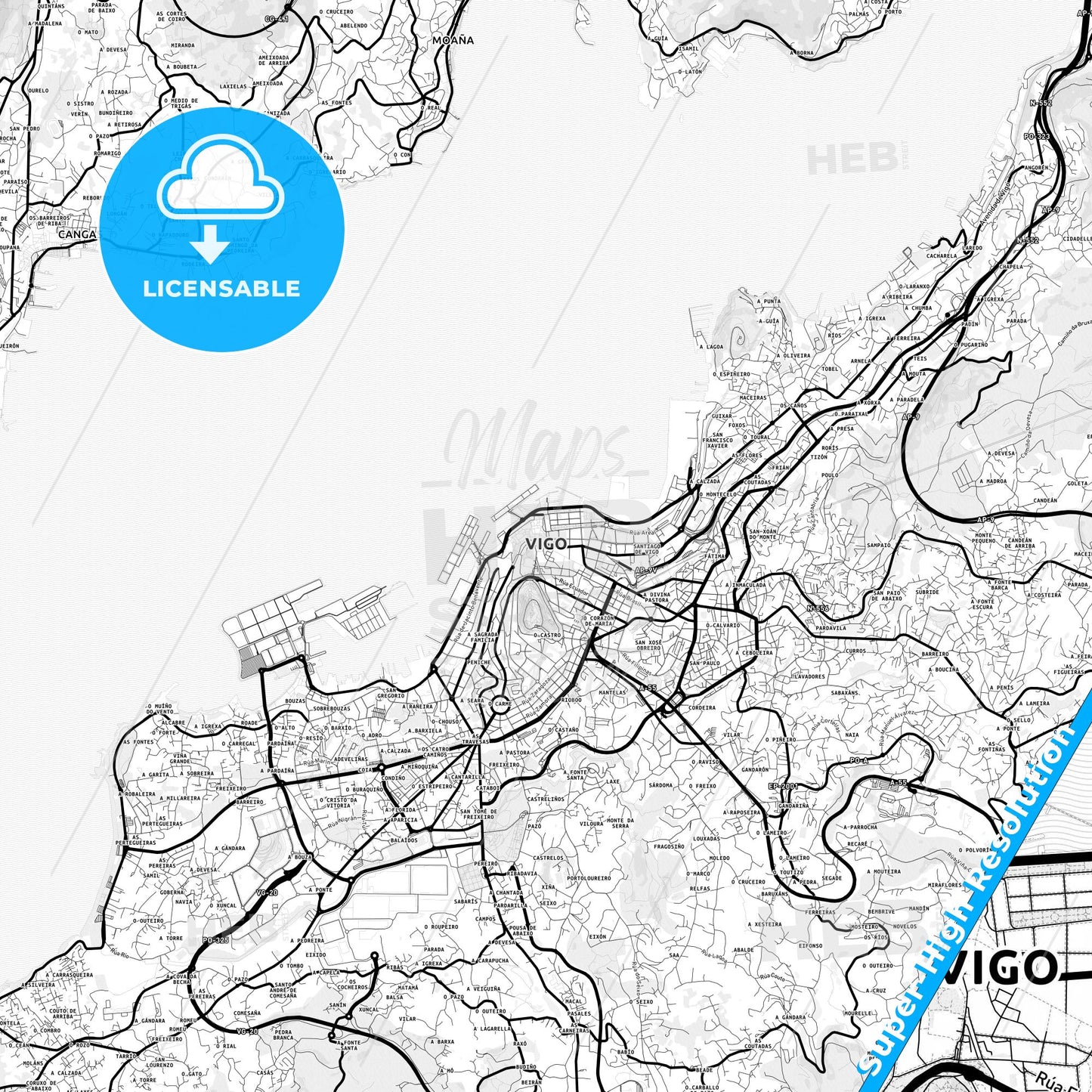 Vigo, Spain Light Map with Street Names, City Names, and Districts