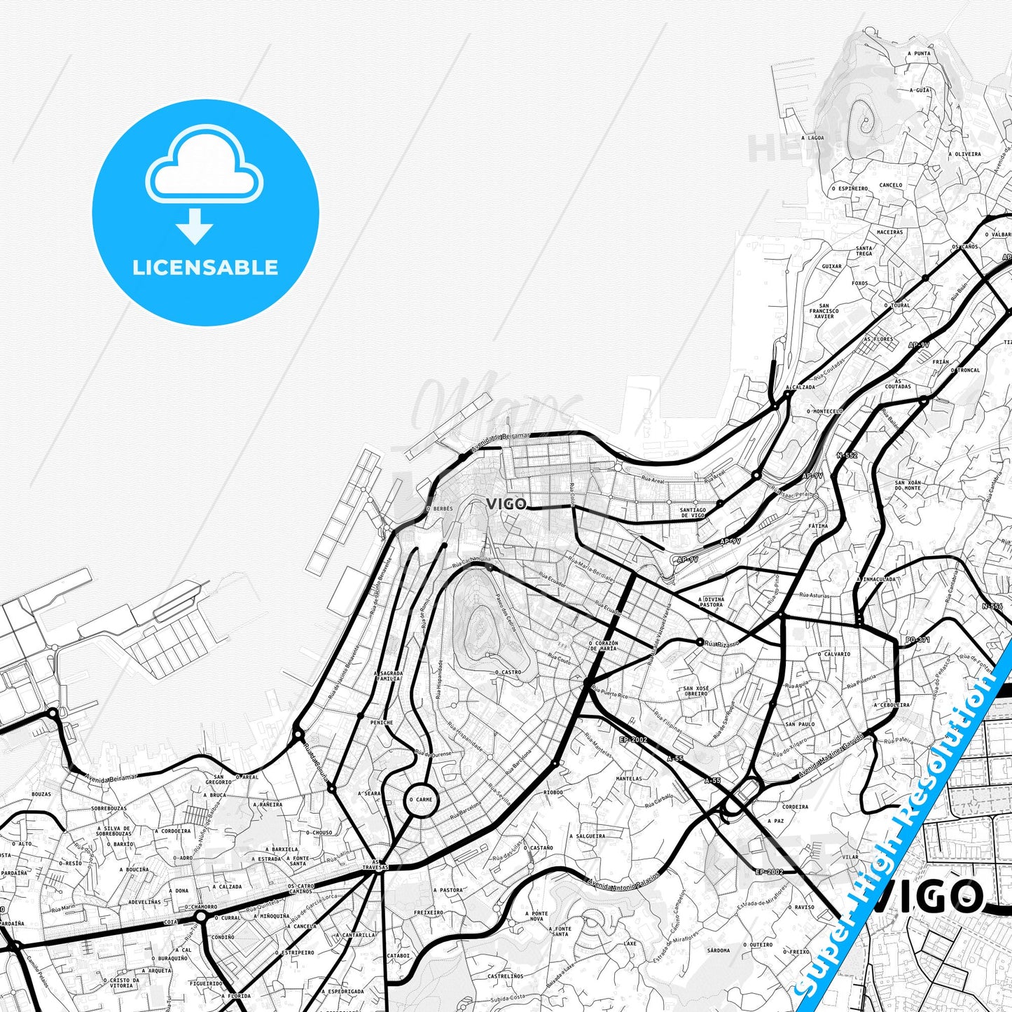Vigo, Spain Light Map with Street Names, City Names, and Districts