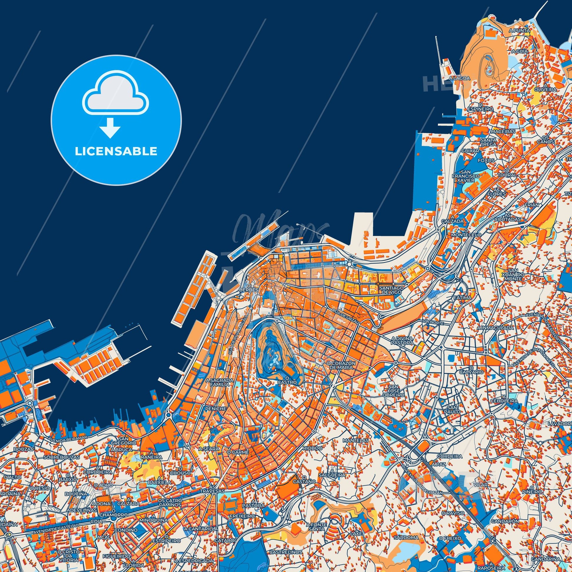 Colorful Vigo Street Map with Labels and Buildings