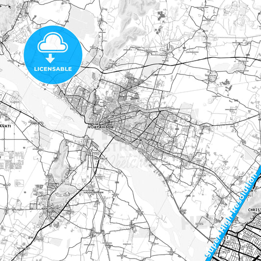 Vijayawada, India light map with streetnames, citynames and districts