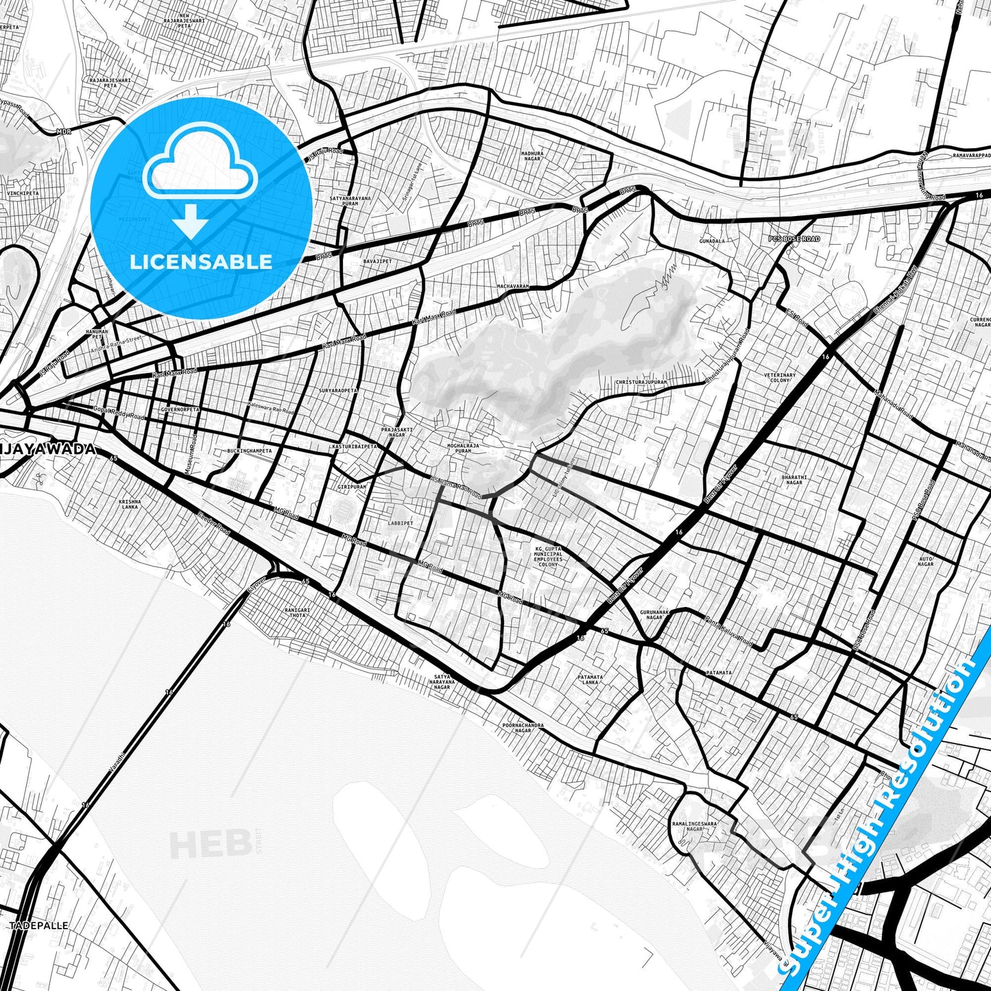 Vijayawada, India Light Map with Street Names, City Names, and Districts