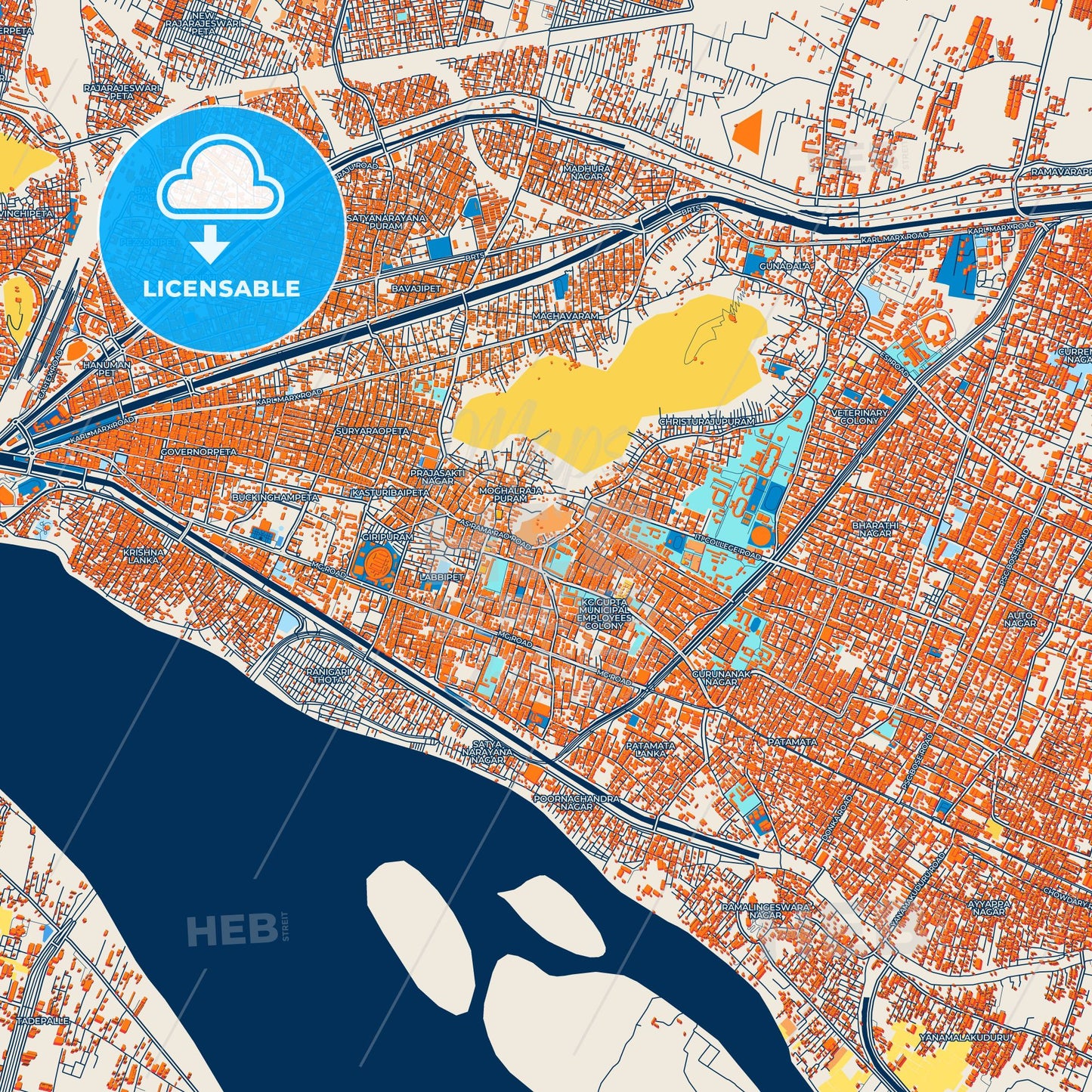 Colorful Vijayawada Street Map with Labels and Buildings