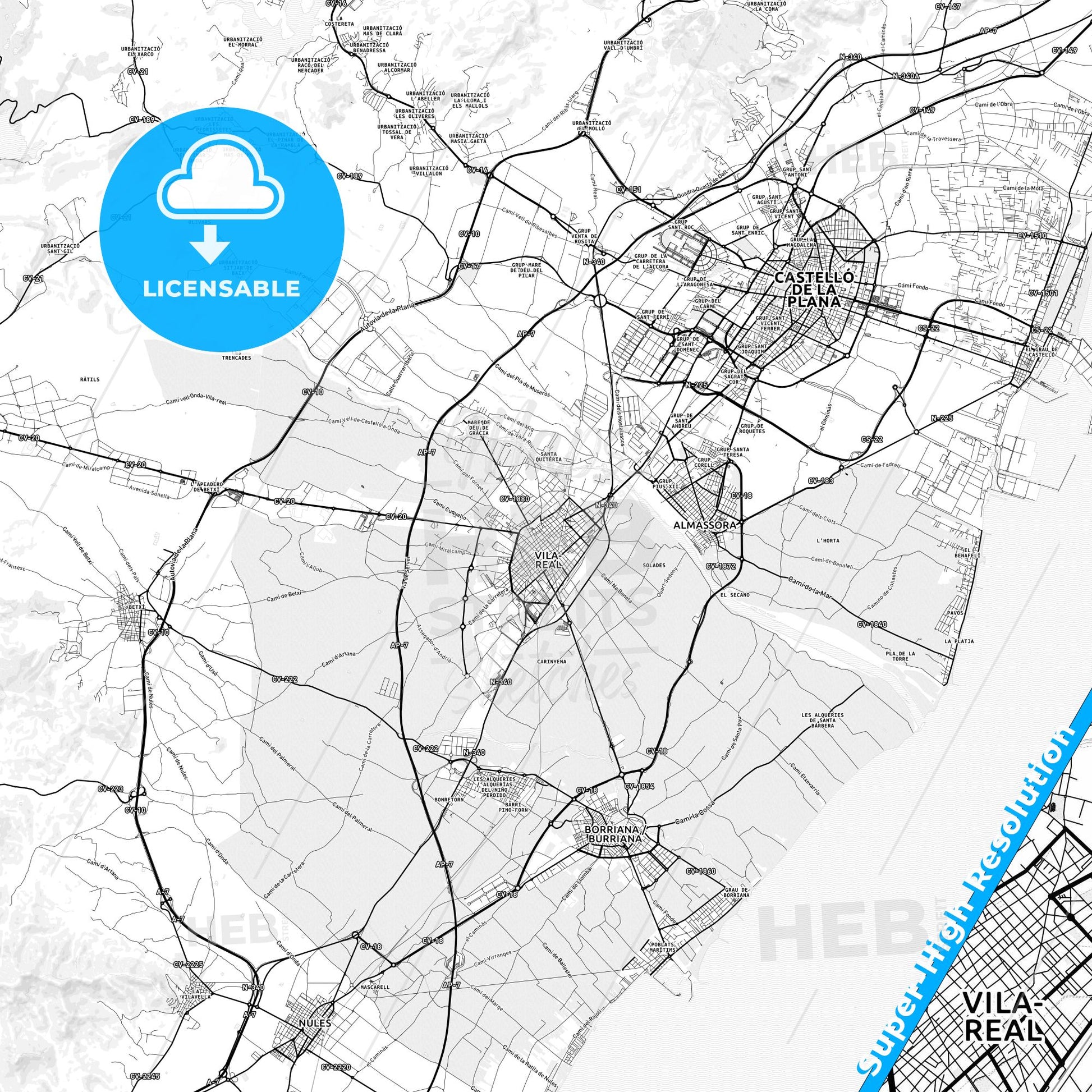 Vila-real, Spain light map with streetnames, citynames and districts