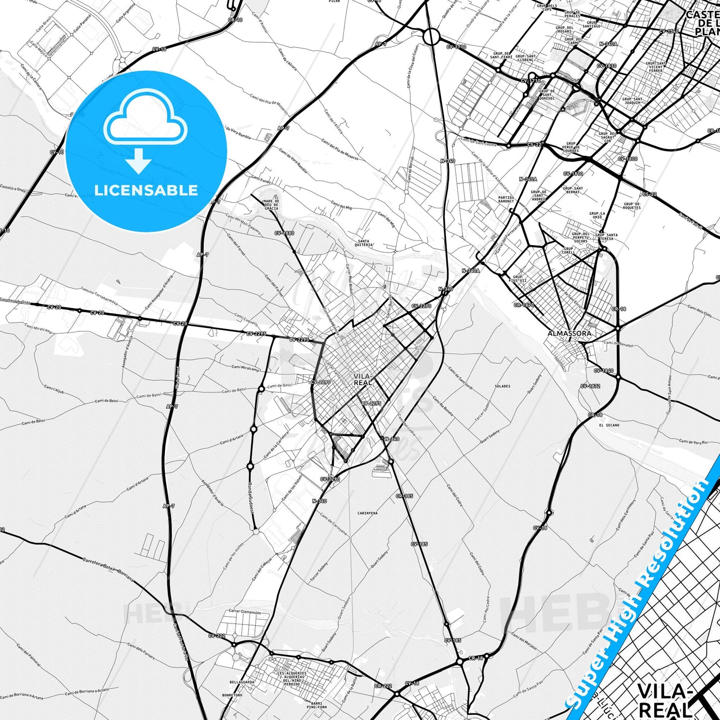 Vila-real, Spain Light Map with Street Names, City Names, and Districts