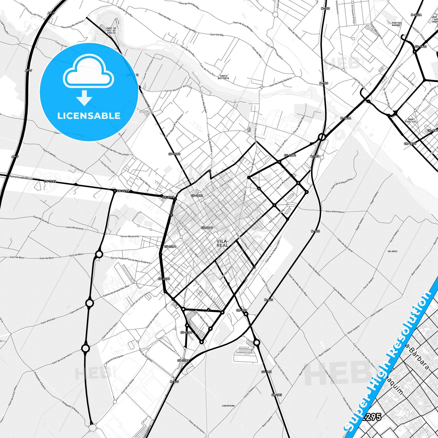 Vila-real, Spain Light Map with Street Names, City Names, and Districts