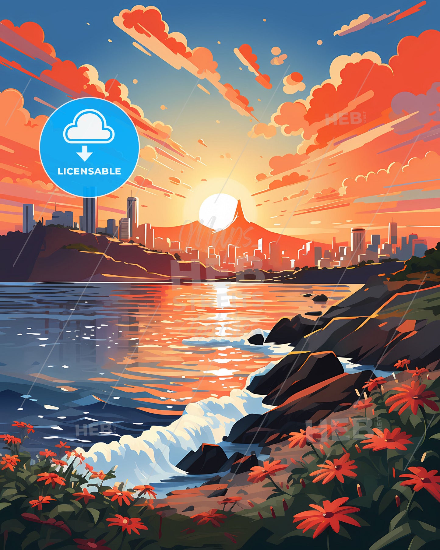 City Skyline Abstract Painting Sunset Over Vila Velha Brazil