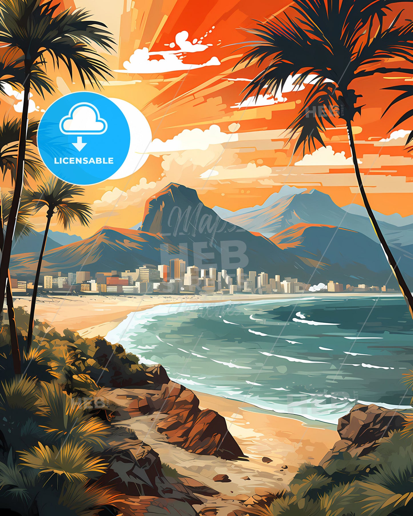 Vibrant Painted Skyline of Vila Velha Brazil with Palm Trees Overlooking City