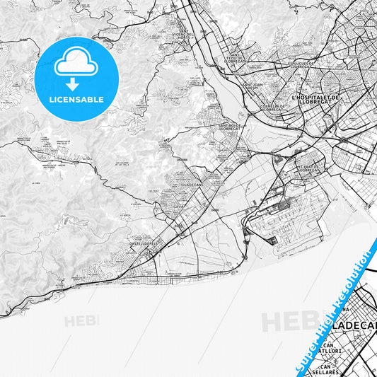 Viladecans, Spain light map with streetnames, citynames and districts
