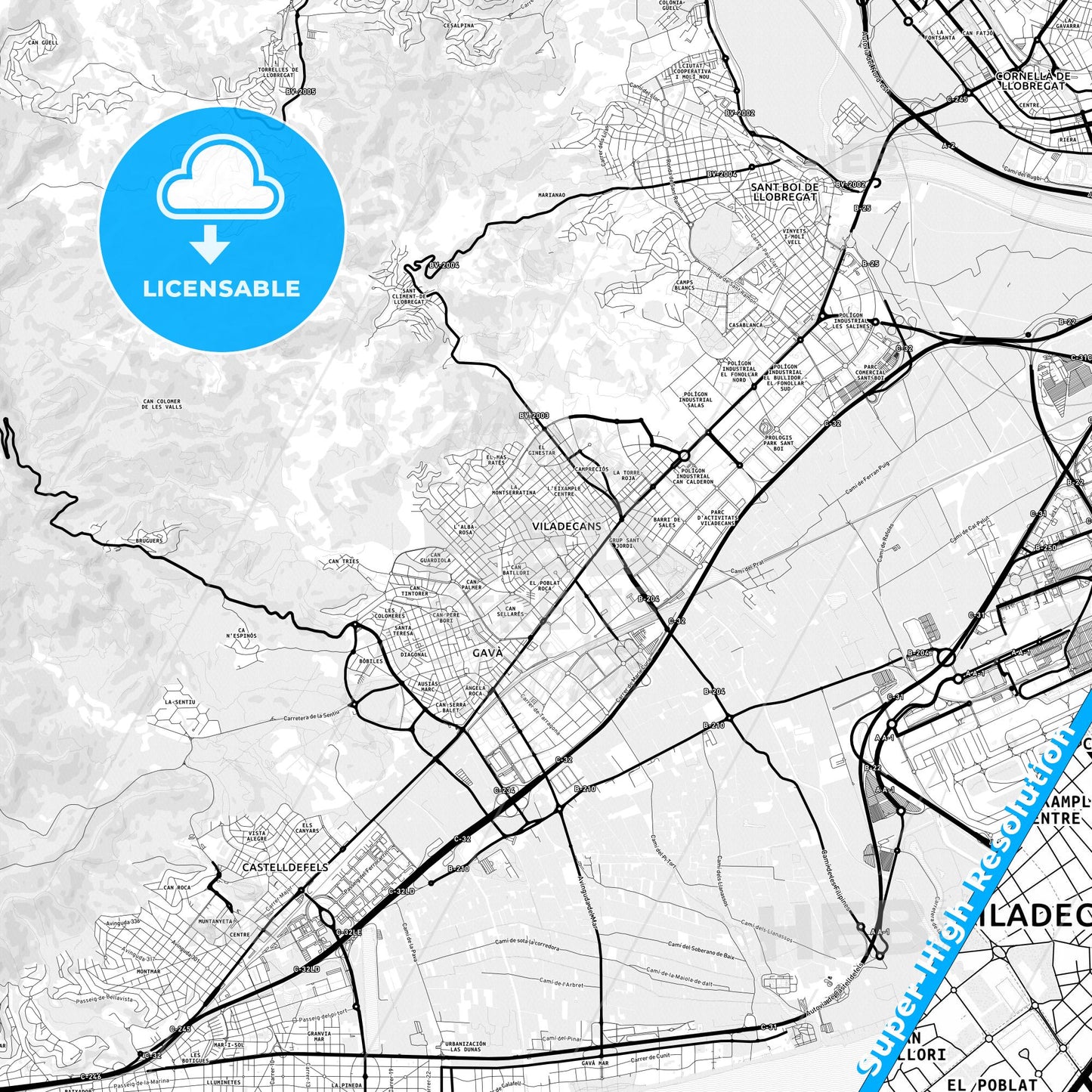 Viladecans, Spain Light Map with Street Names, City Names, and Districts