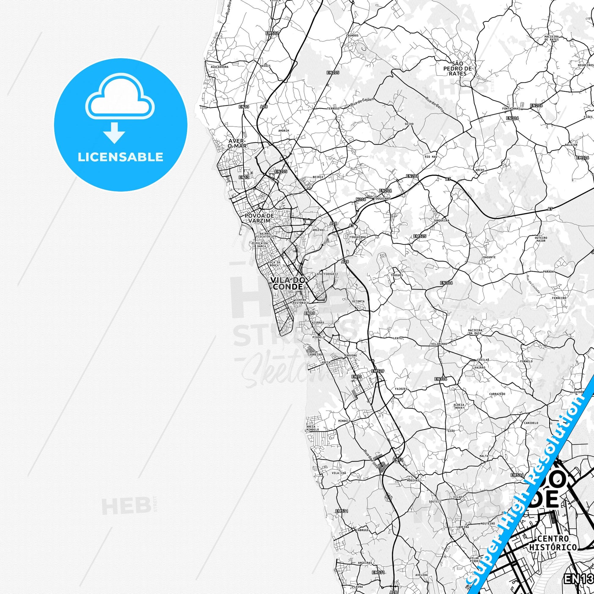 Vila do Conde, Portugal light map with streetnames, citynames and districts