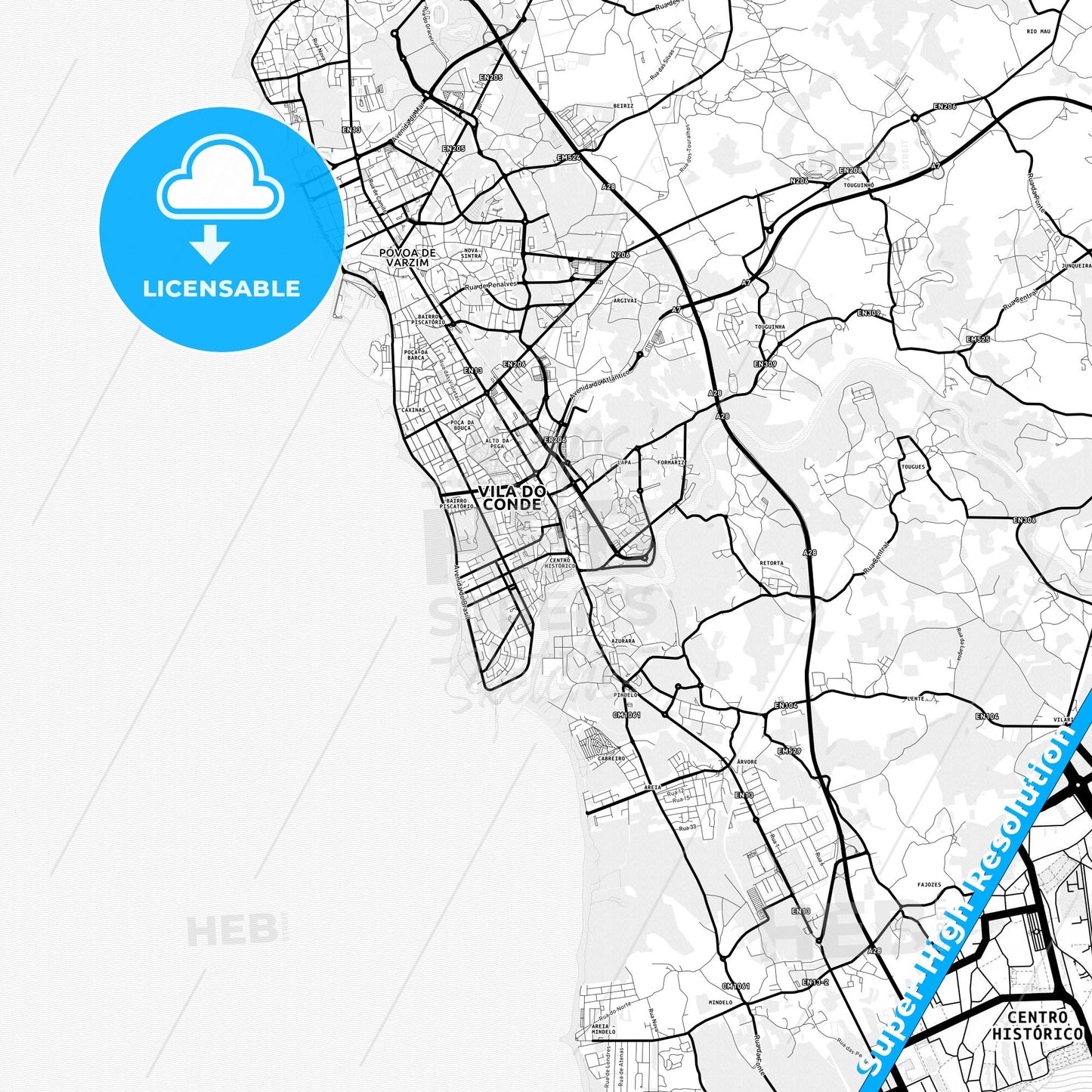 Vila do Conde, Portugal Light Map with Street Names, City Names, and Districts
