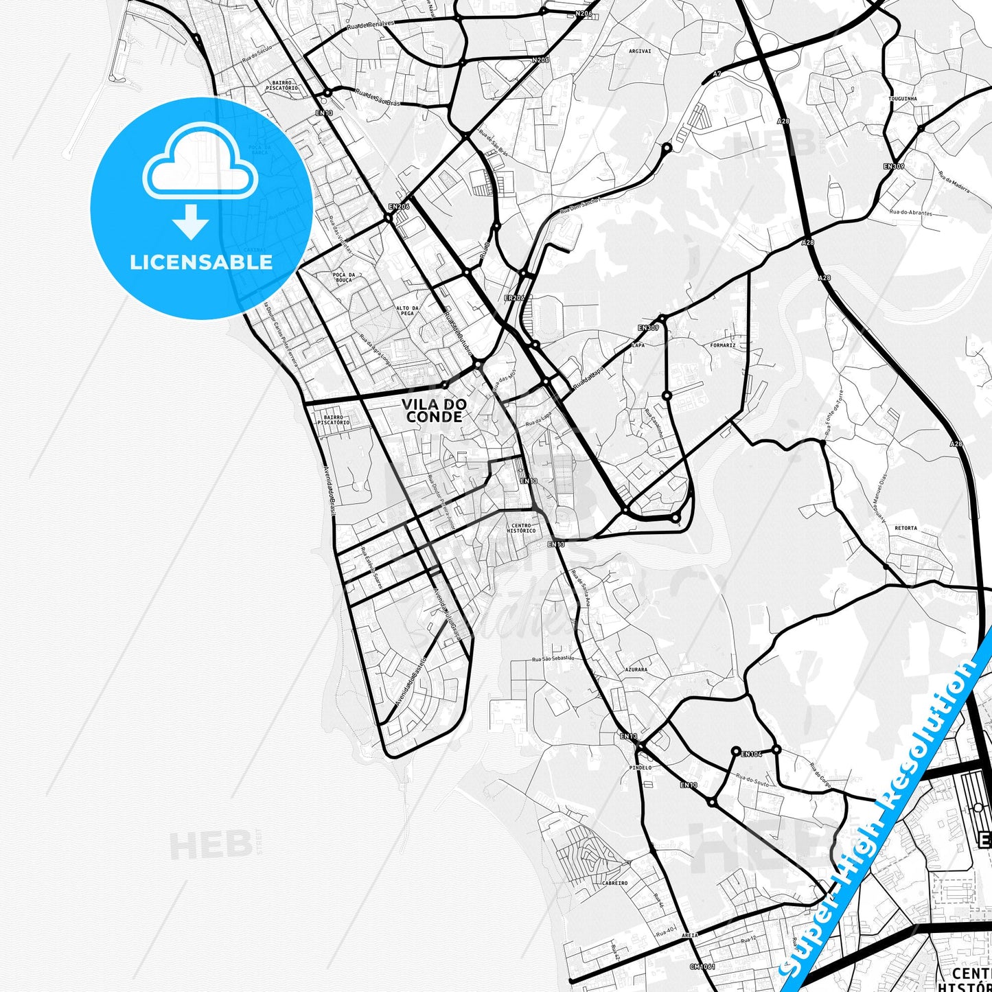 Vila do Conde, Portugal Light Map with Street Names, City Names, and Districts