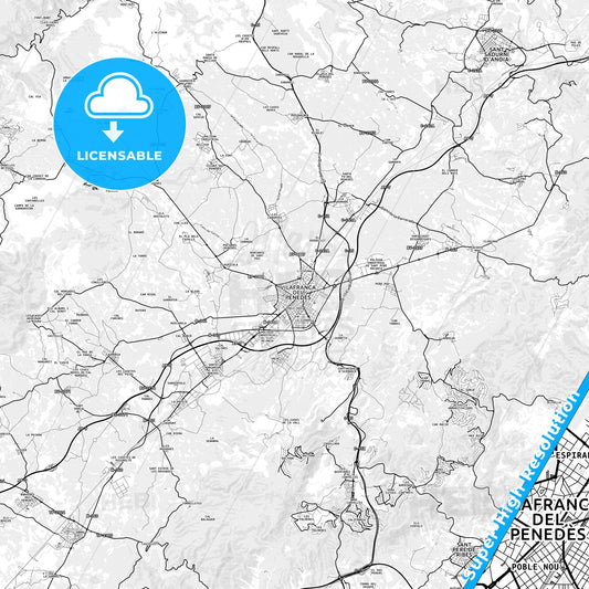 Vilafranca del Penedès, Spain light map with streetnames, citynames and districts