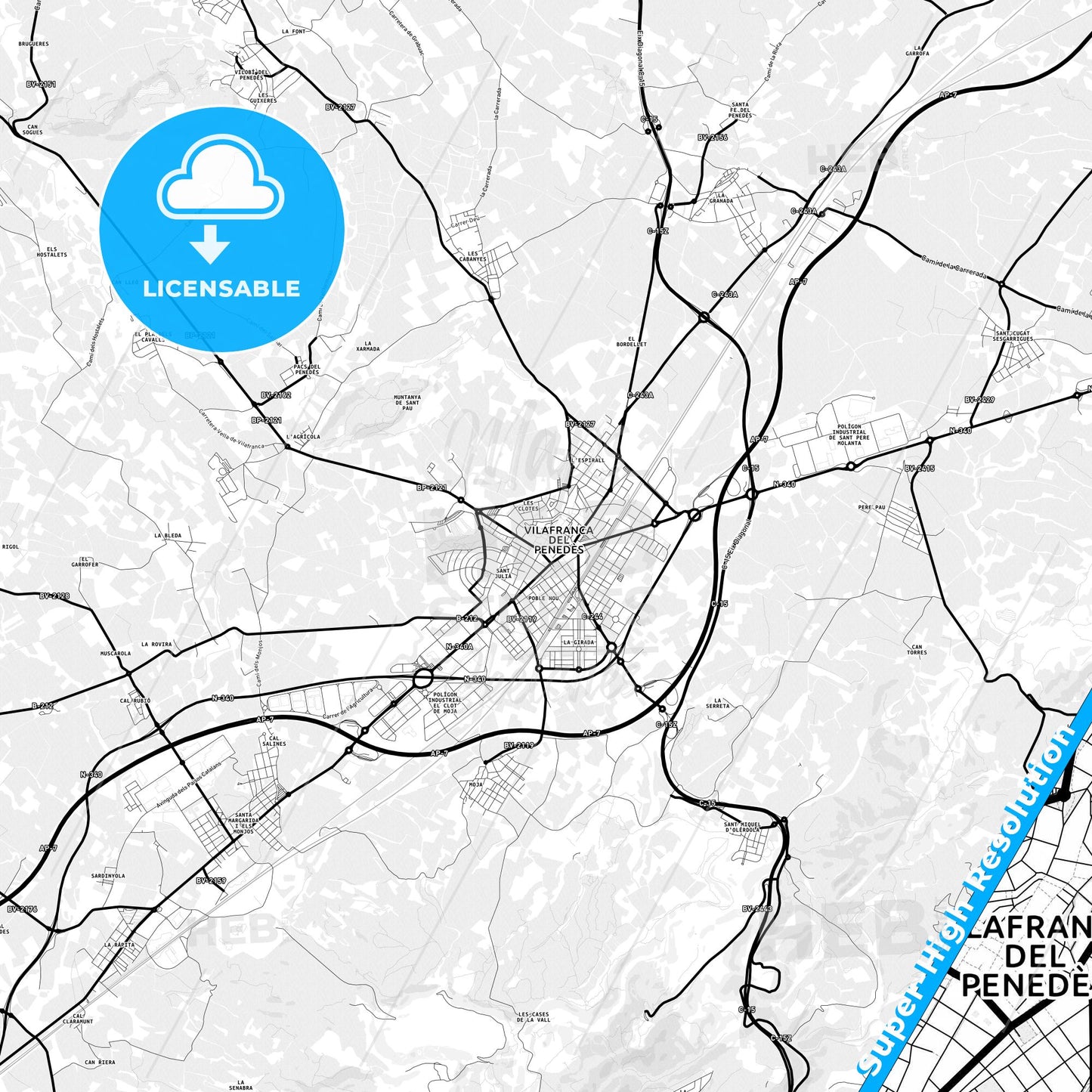 Vilafranca del Penedès, Spain Light Map with Street Names, City Names, and Districts