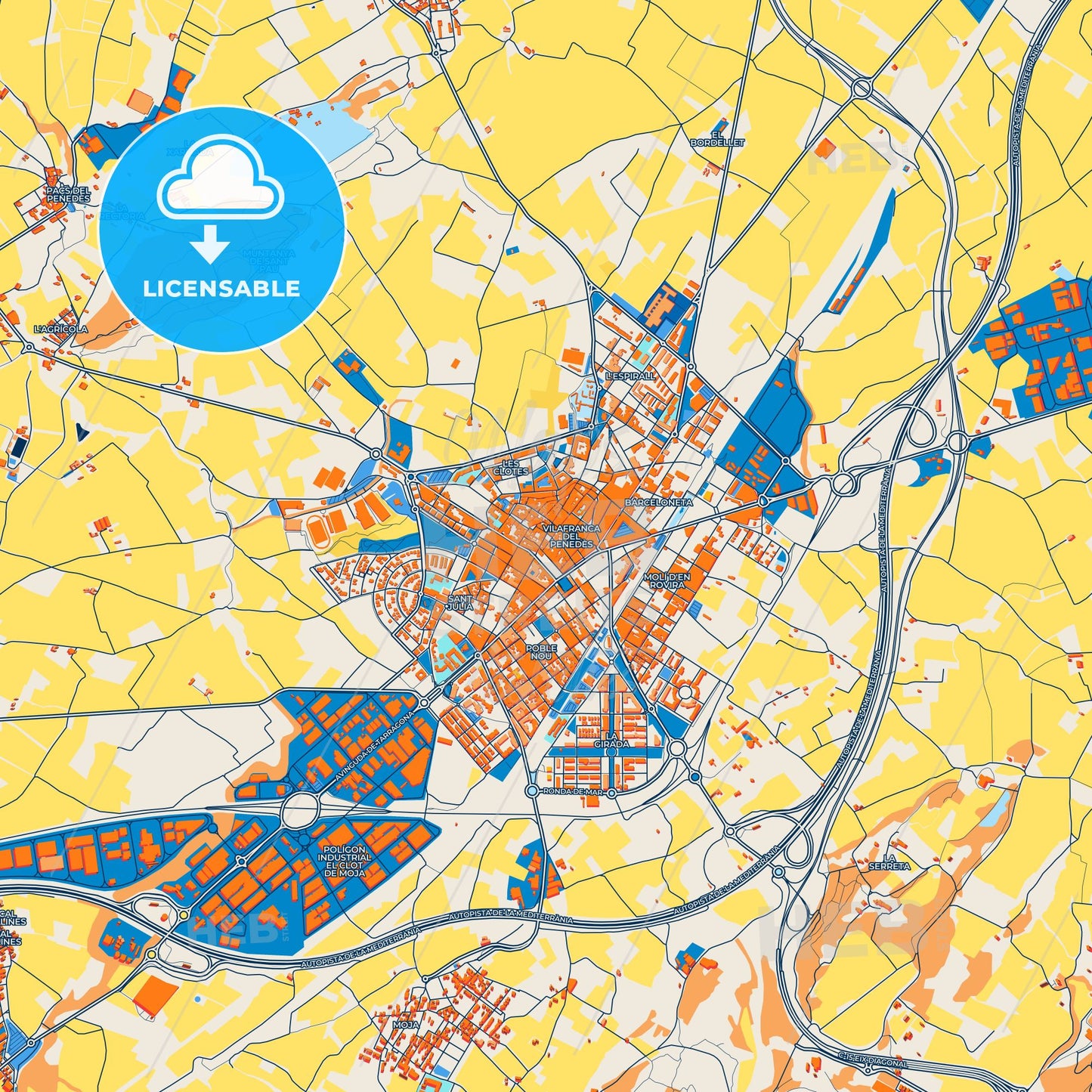 Colorful Vilafranca del Penedès Street Map with Labels and Buildings