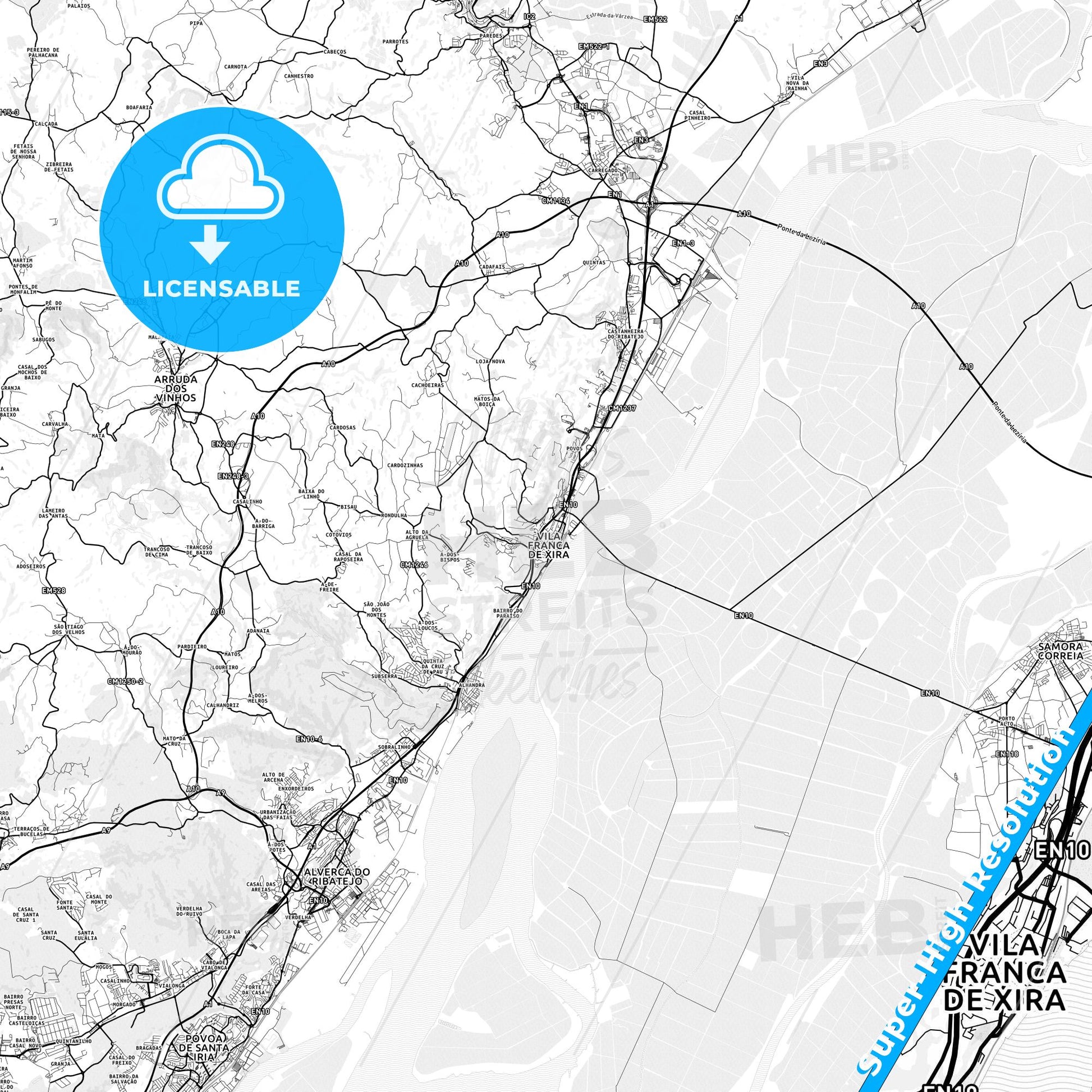 Vila Franca de Xira, Portugal light map with streetnames, citynames and districts
