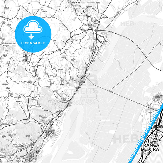 Vila Franca de Xira, Portugal light map with streetnames, citynames and districts