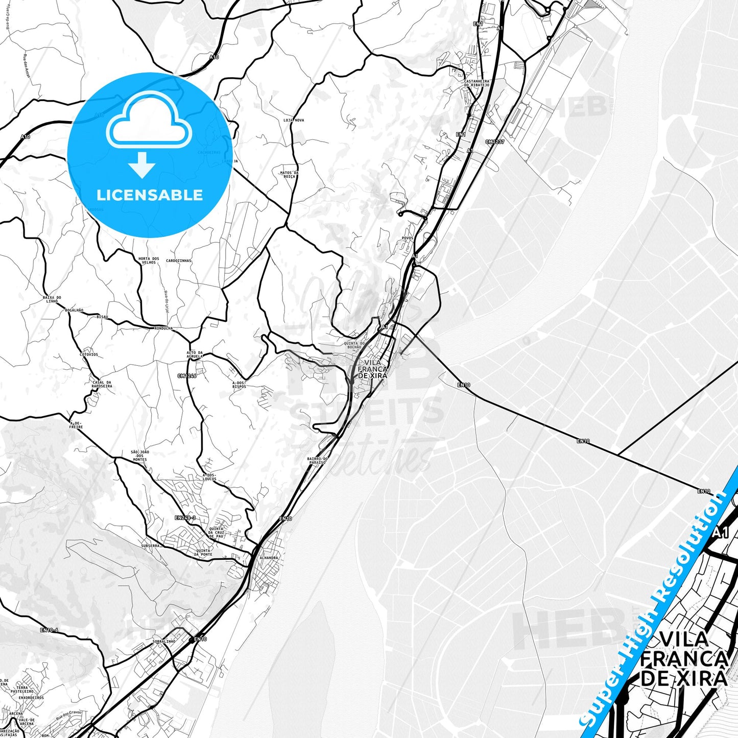 Vila Franca de Xira, Portugal Light Map with Street Names, City Names, and Districts