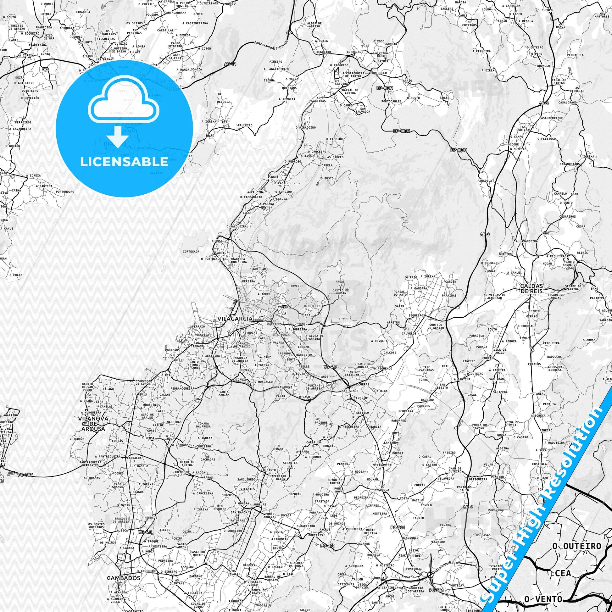 Vilagarcía de Arousa, Spain light map with streetnames, citynames and districts