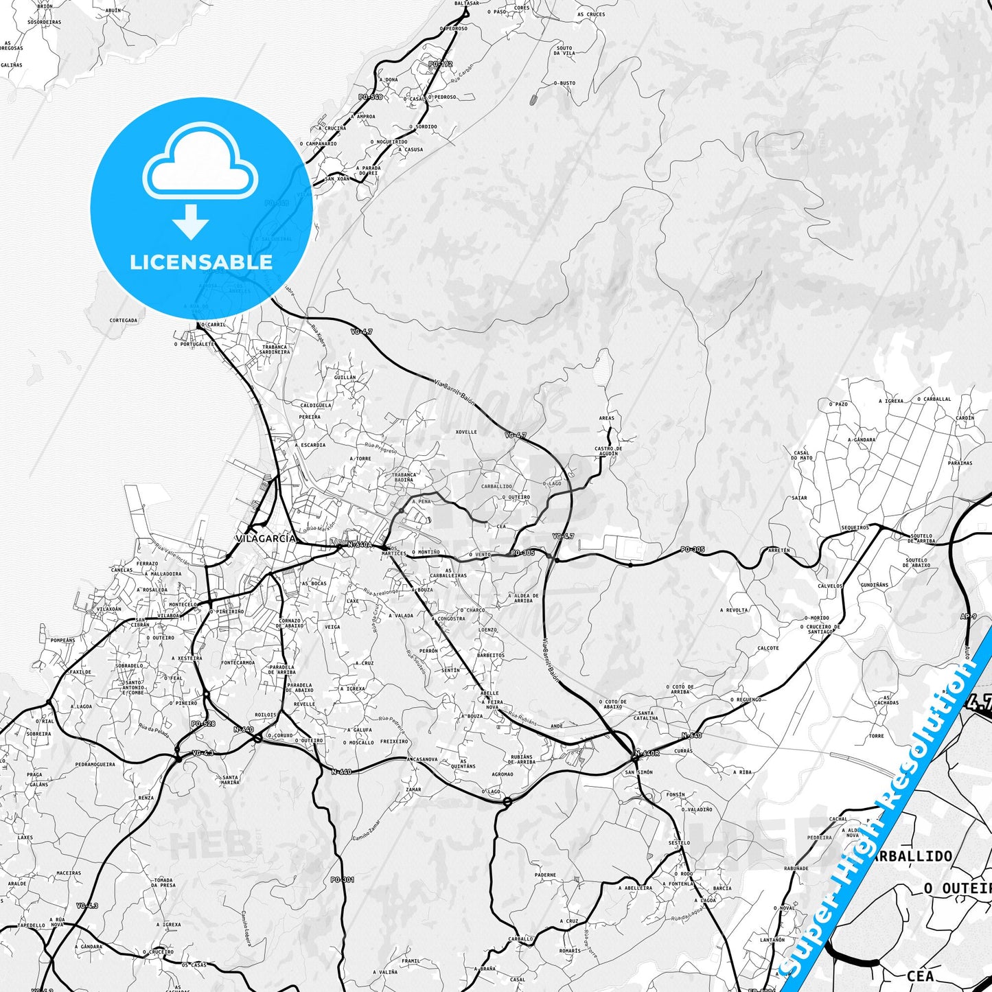 Vilagarcía de Arousa, Spain Light Map with Street Names, City Names, and Districts