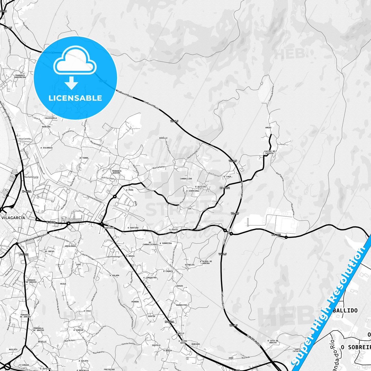 Vilagarcía de Arousa, Spain Light Map with Street Names, City Names, and Districts