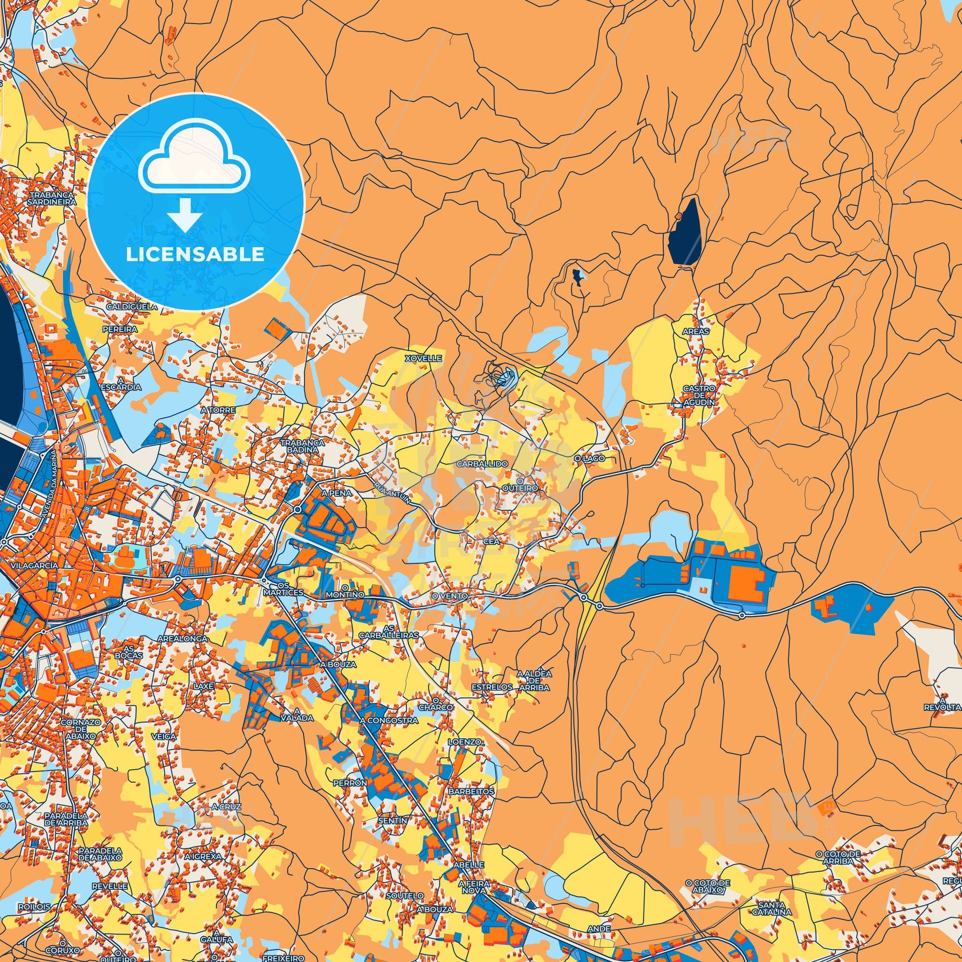 Colorful Vilagarcía de Arousa Street Map with Labels and Buildings