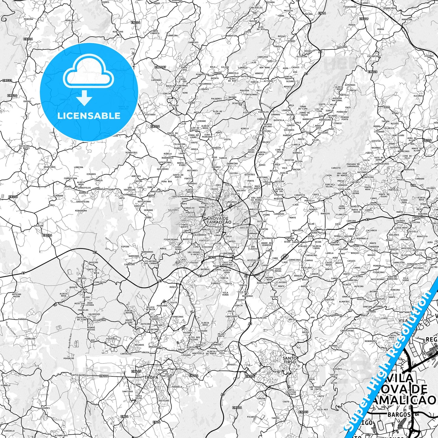Vila Nova de Famalicão, Portugal light map with streetnames, citynames and districts