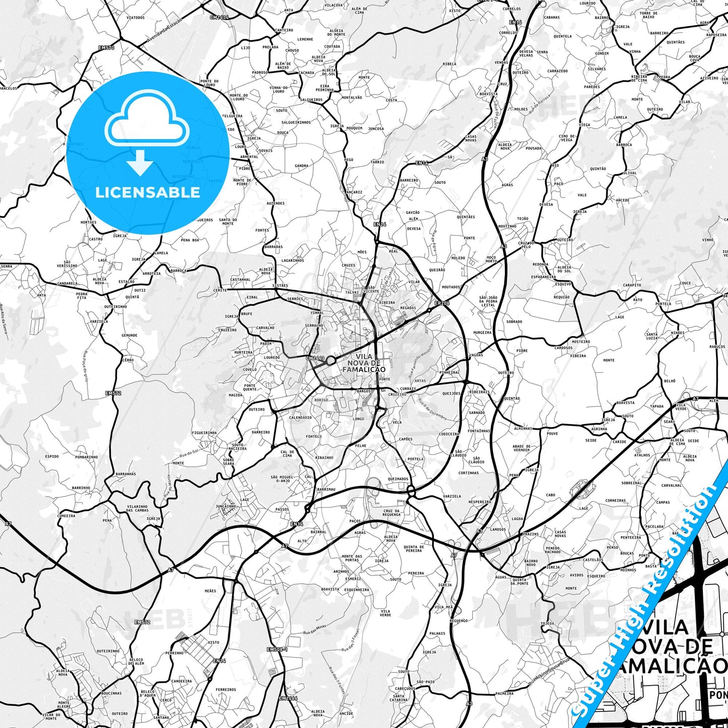 Vila Nova de Famalicão, Portugal Light Map with Street Names, City Names, and Districts