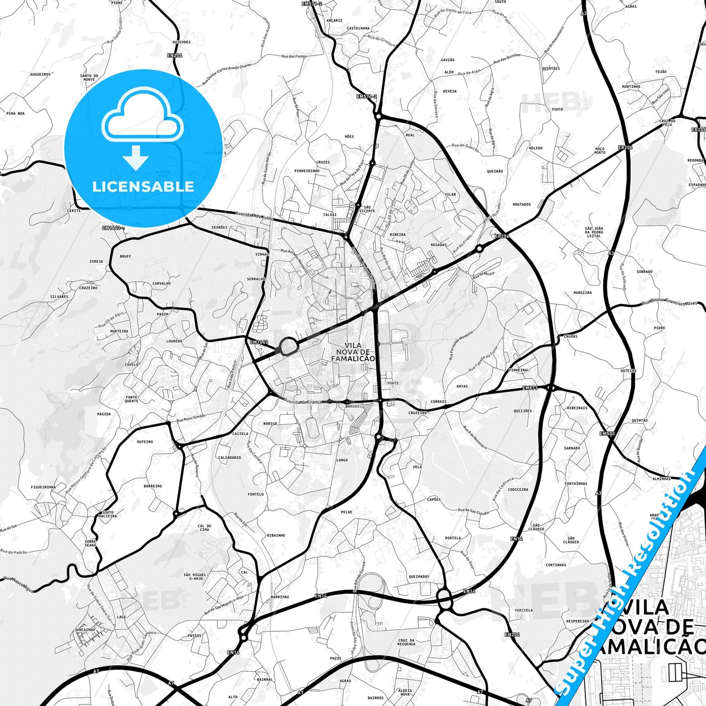 Vila Nova de Famalicão, Portugal Light Map with Street Names, City Names, and Districts