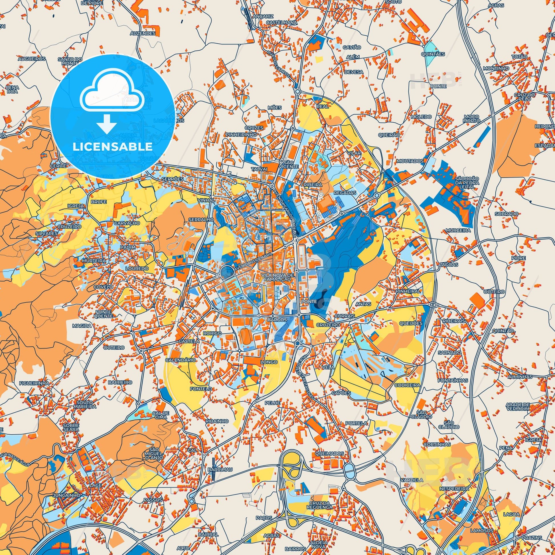 Colorful Vila Nova de Famalicão Street Map with Labels and Buildings