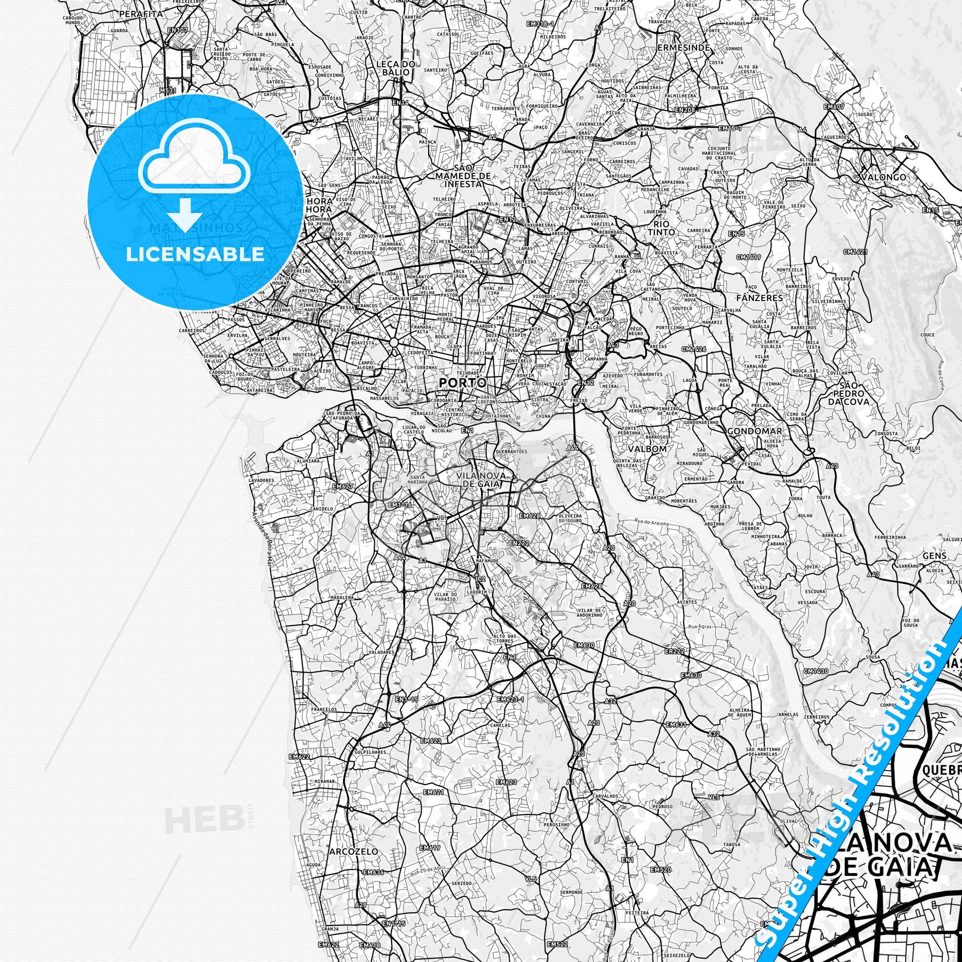 Vila Nova de Gaia, Portugal light map with streetnames, citynames and districts