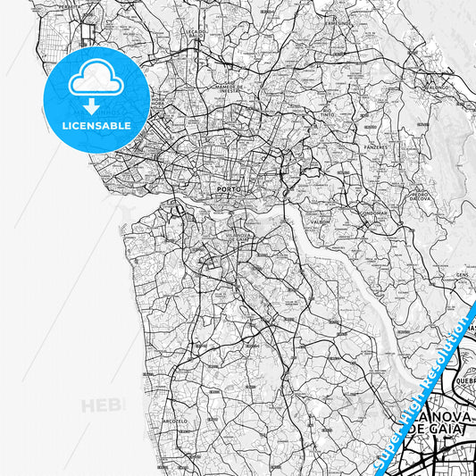 Vila Nova de Gaia, Portugal light map with streetnames, citynames and districts