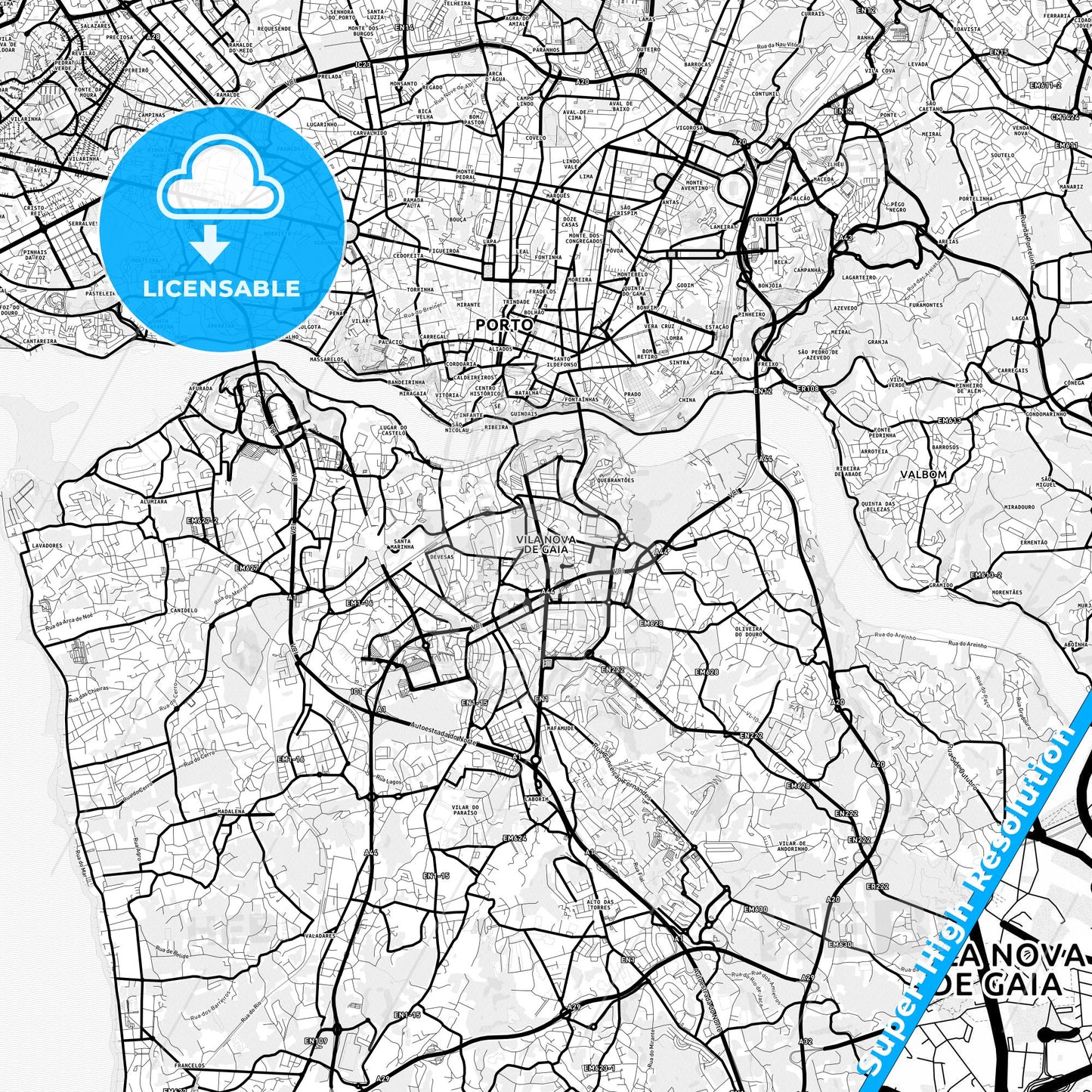 Vila Nova de Gaia, Portugal Light Map with Street Names, City Names, and Districts