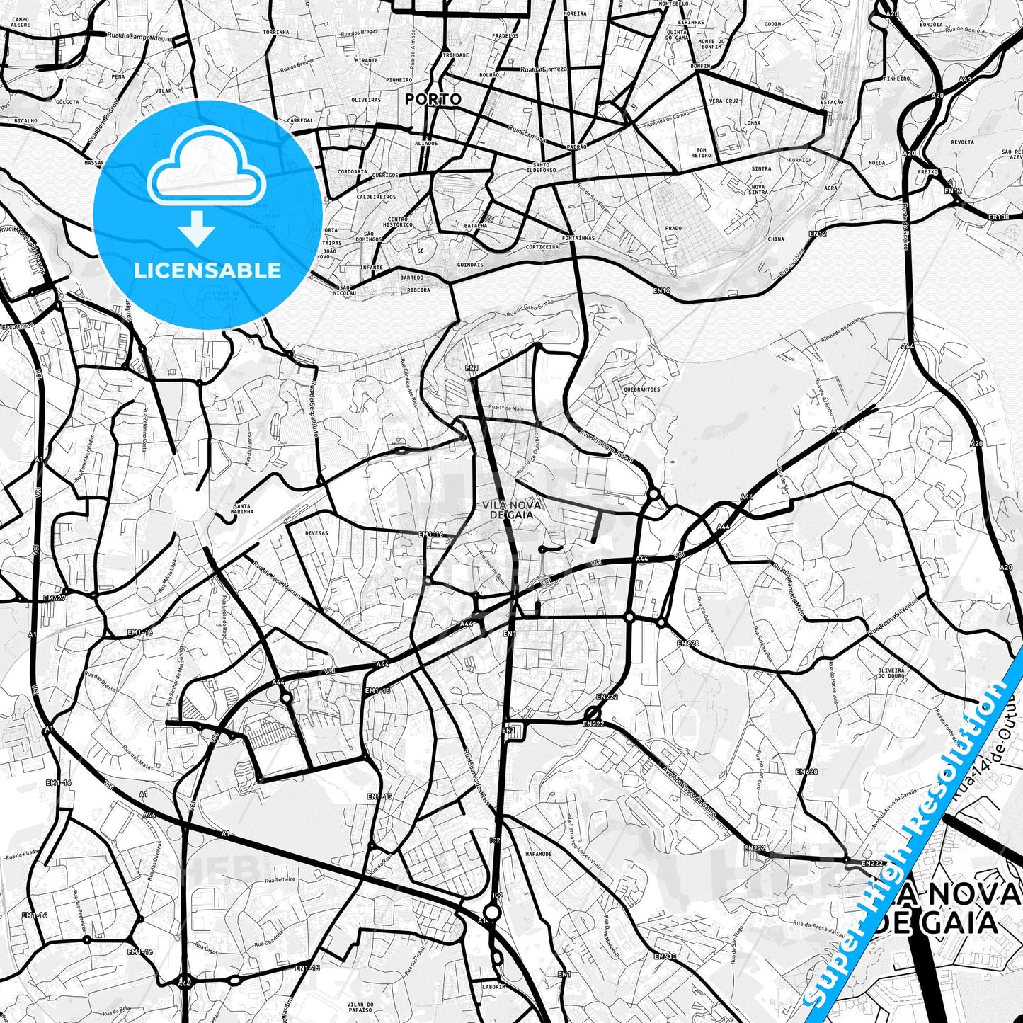 Vila Nova de Gaia, Portugal Light Map with Street Names, City Names, and Districts