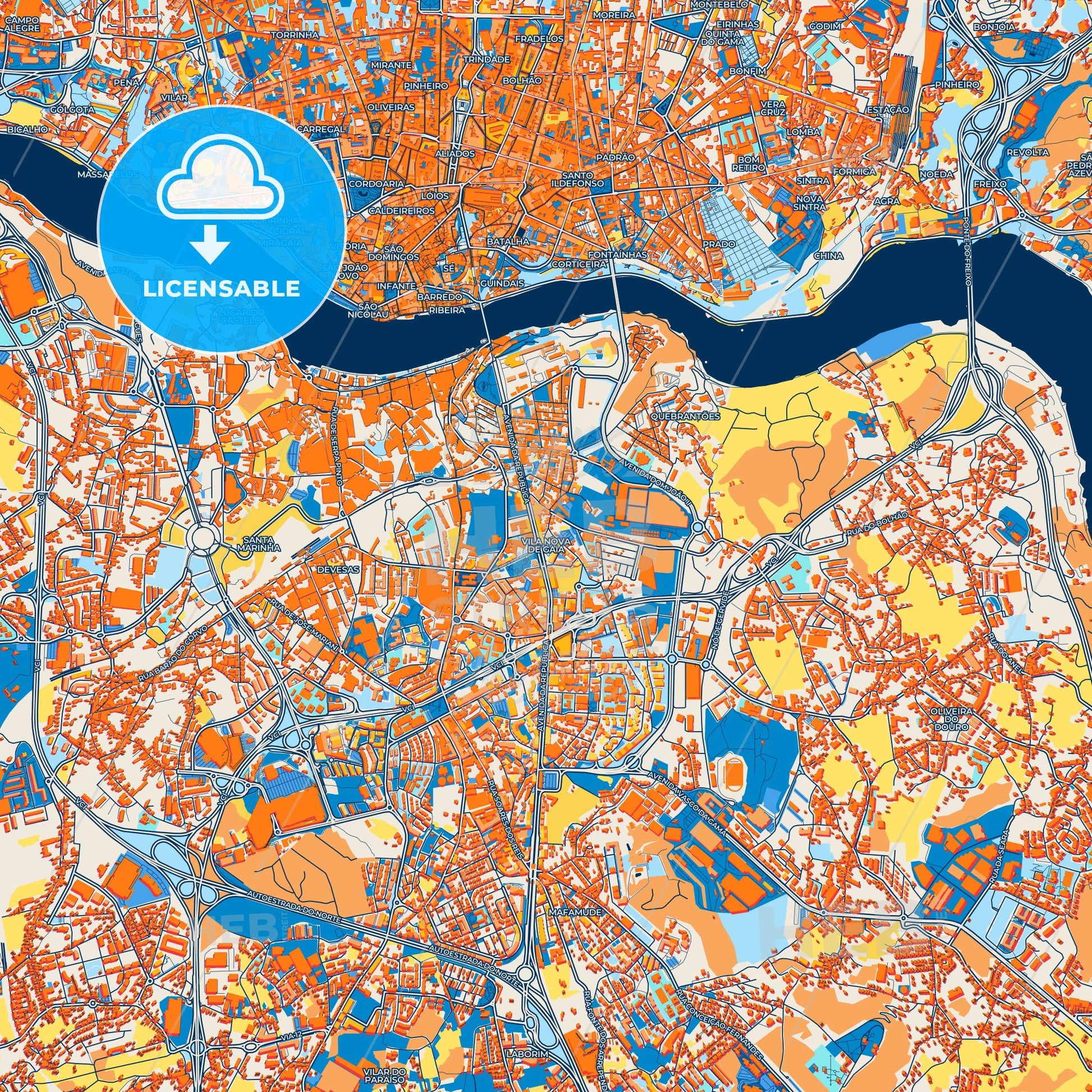 Colorful Vila Nova de Gaia Street Map with Labels and Buildings