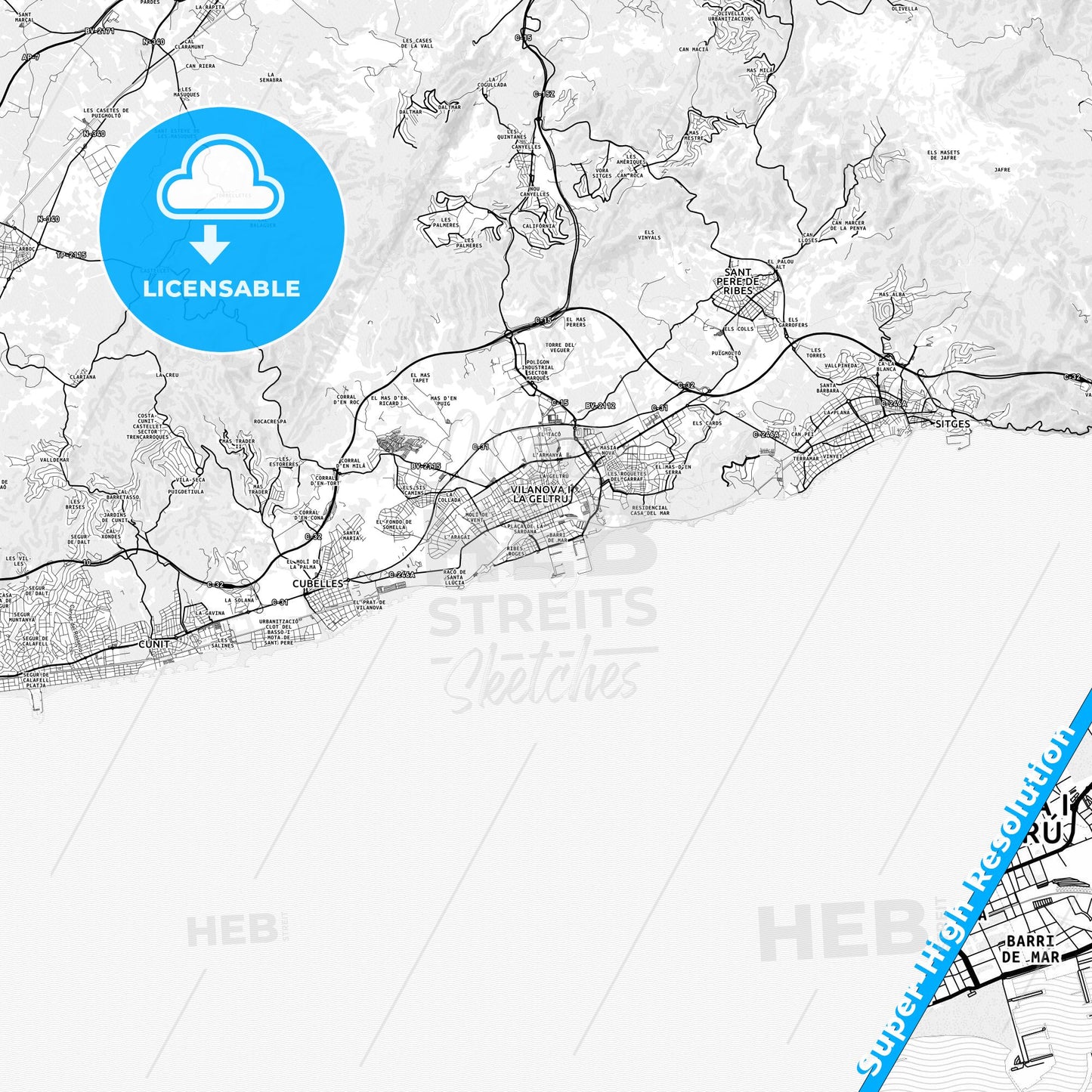 Vilanova i la Geltrú, Spain light map with streetnames, citynames and districts