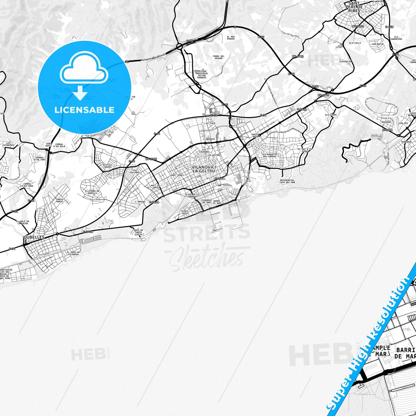 Vilanova i la Geltrú, Spain Light Map with Street Names, City Names, and Districts