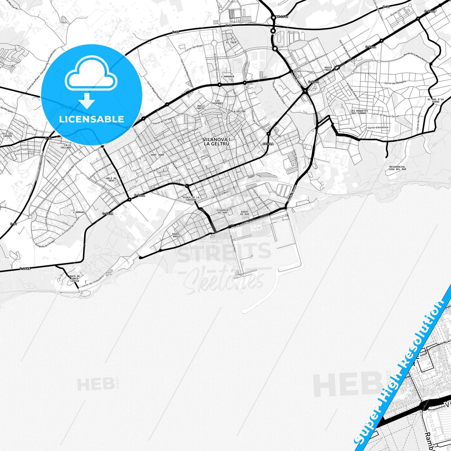 Vilanova i la Geltrú, Spain Light Map with Street Names, City Names, and Districts