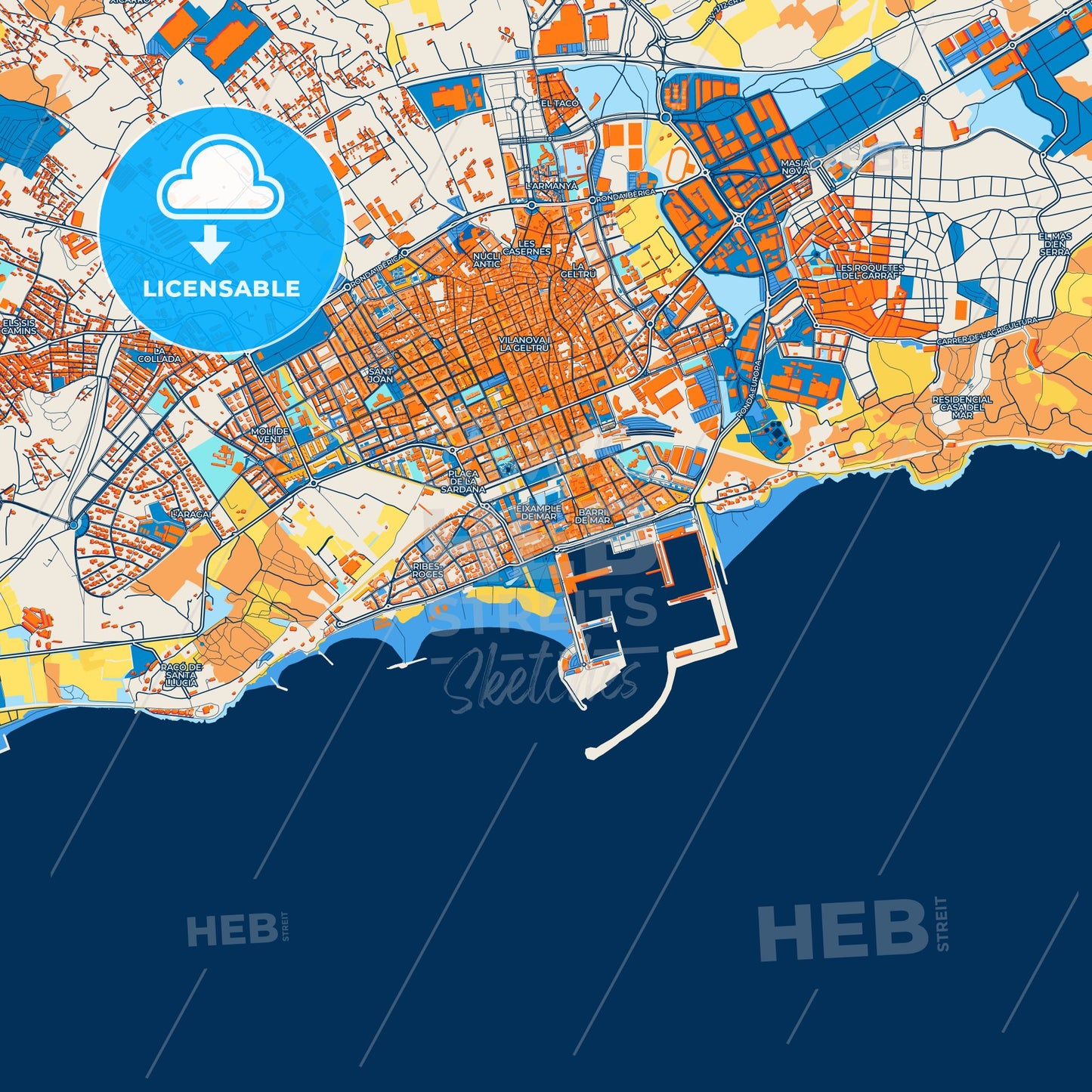 Colorful Vilanova i la Geltrú Street Map with Labels and Buildings
