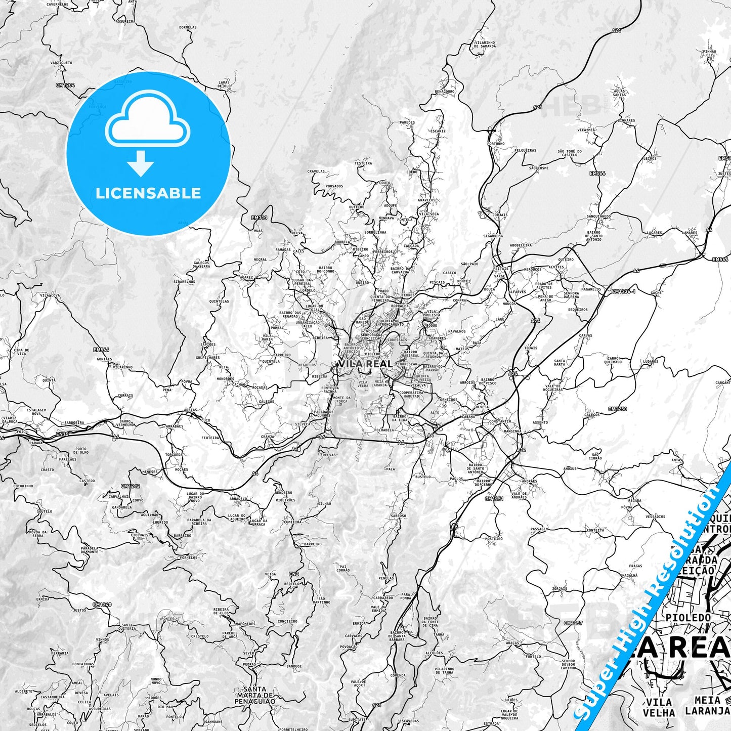Vila Real, Portugal light map with streetnames, citynames and districts