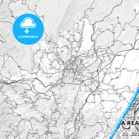 Vila Real, Portugal light map with streetnames, citynames and districts