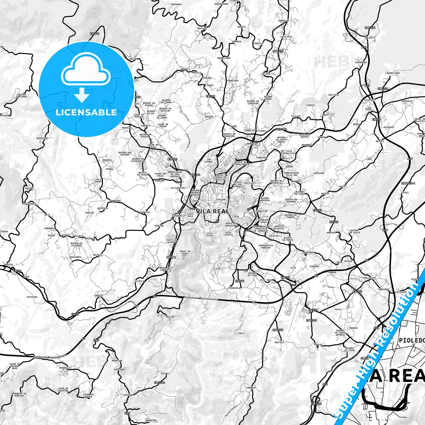 Vila Real, Portugal Light Map with Street Names, City Names, and Districts
