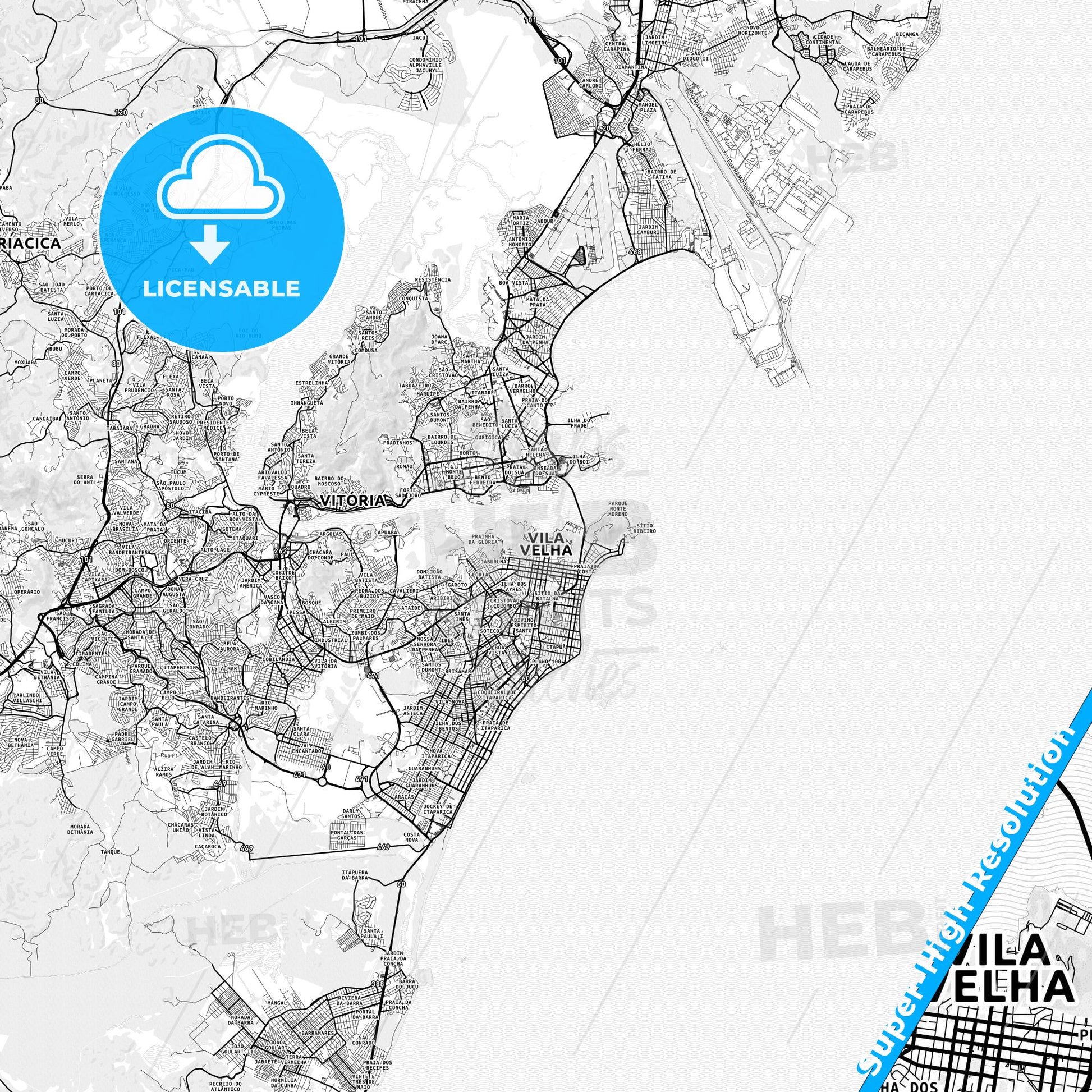 Vila Velha, Brazil light map with streetnames, citynames and districts