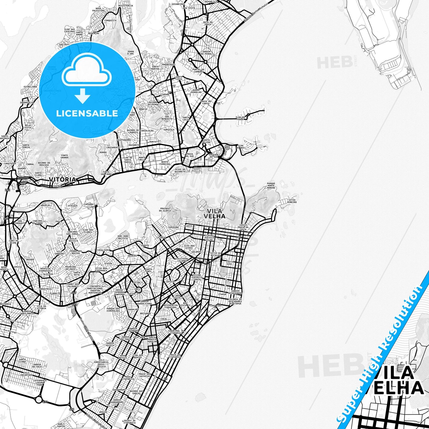 Vila Velha, Brazil Light Map with Street Names, City Names, and Districts