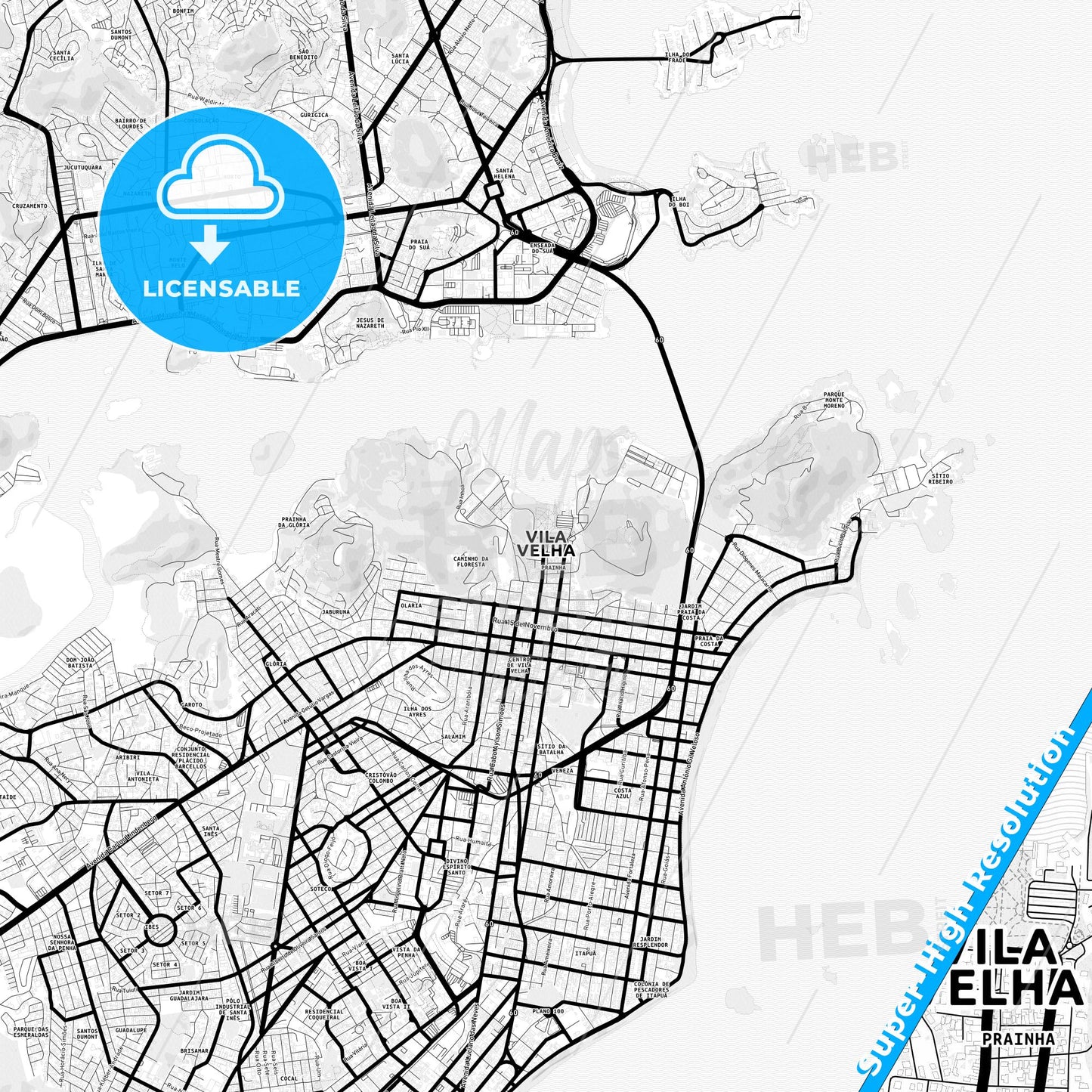 Vila Velha, Brazil Light Map with Street Names, City Names, and Districts