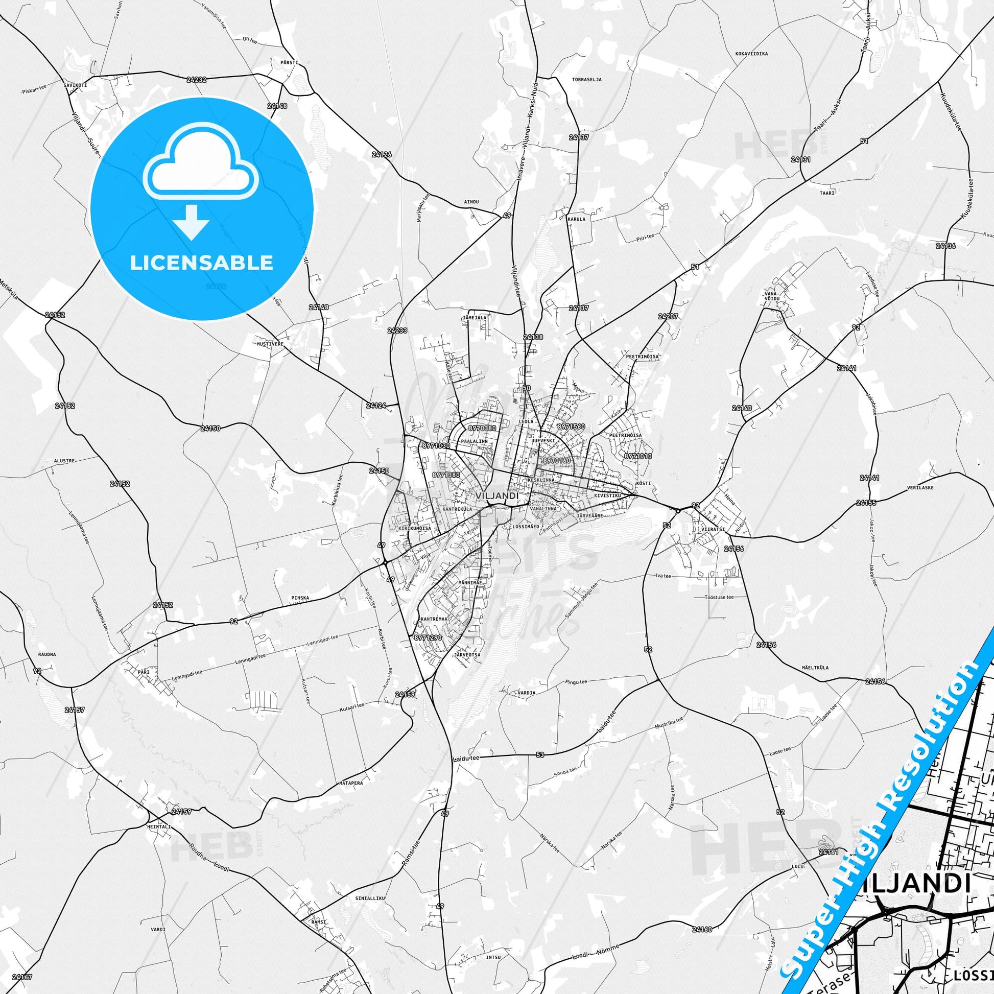 Viljandi, Estonia light map with streetnames, citynames and districts