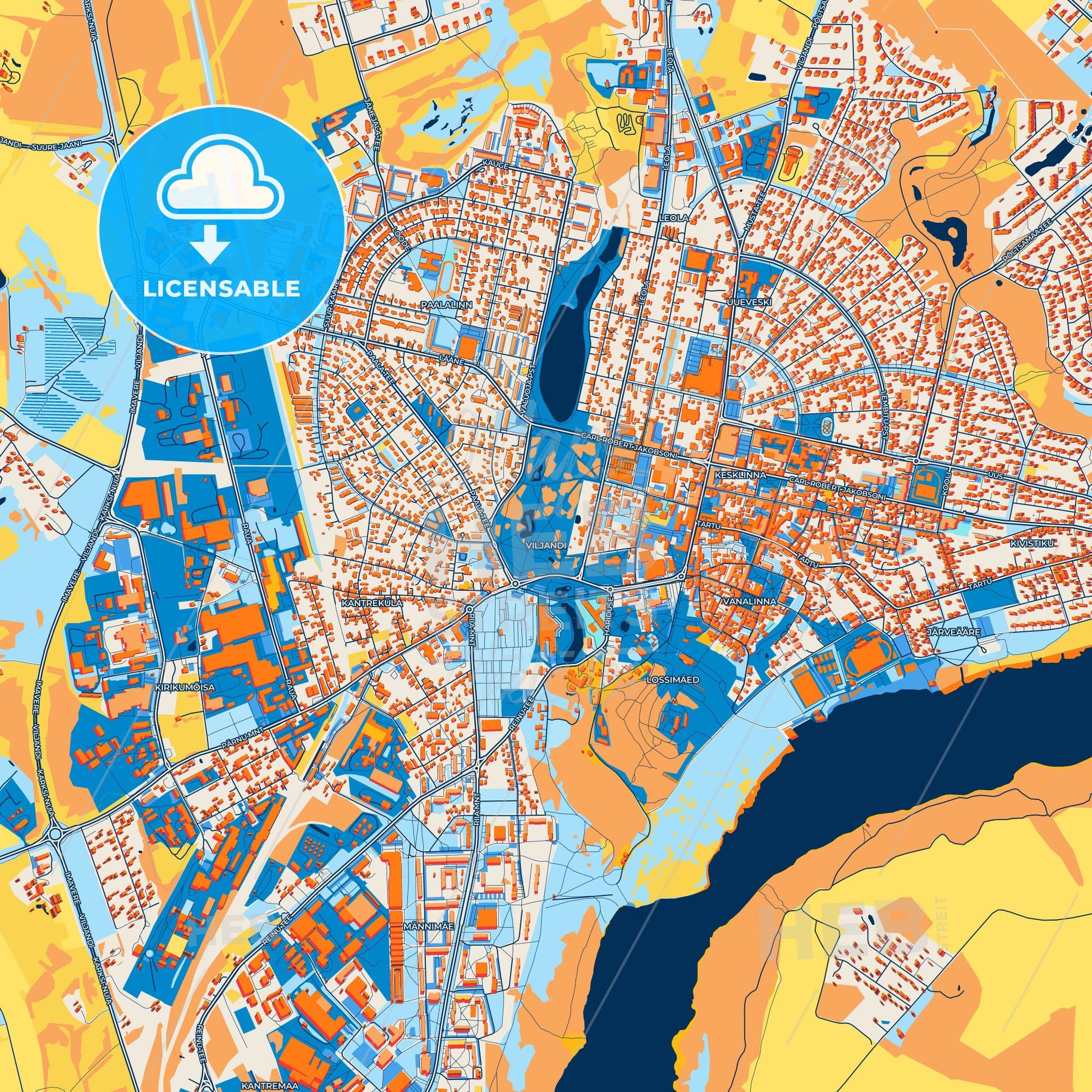 Colorful Viljandi Street Map with Labels and Buildings