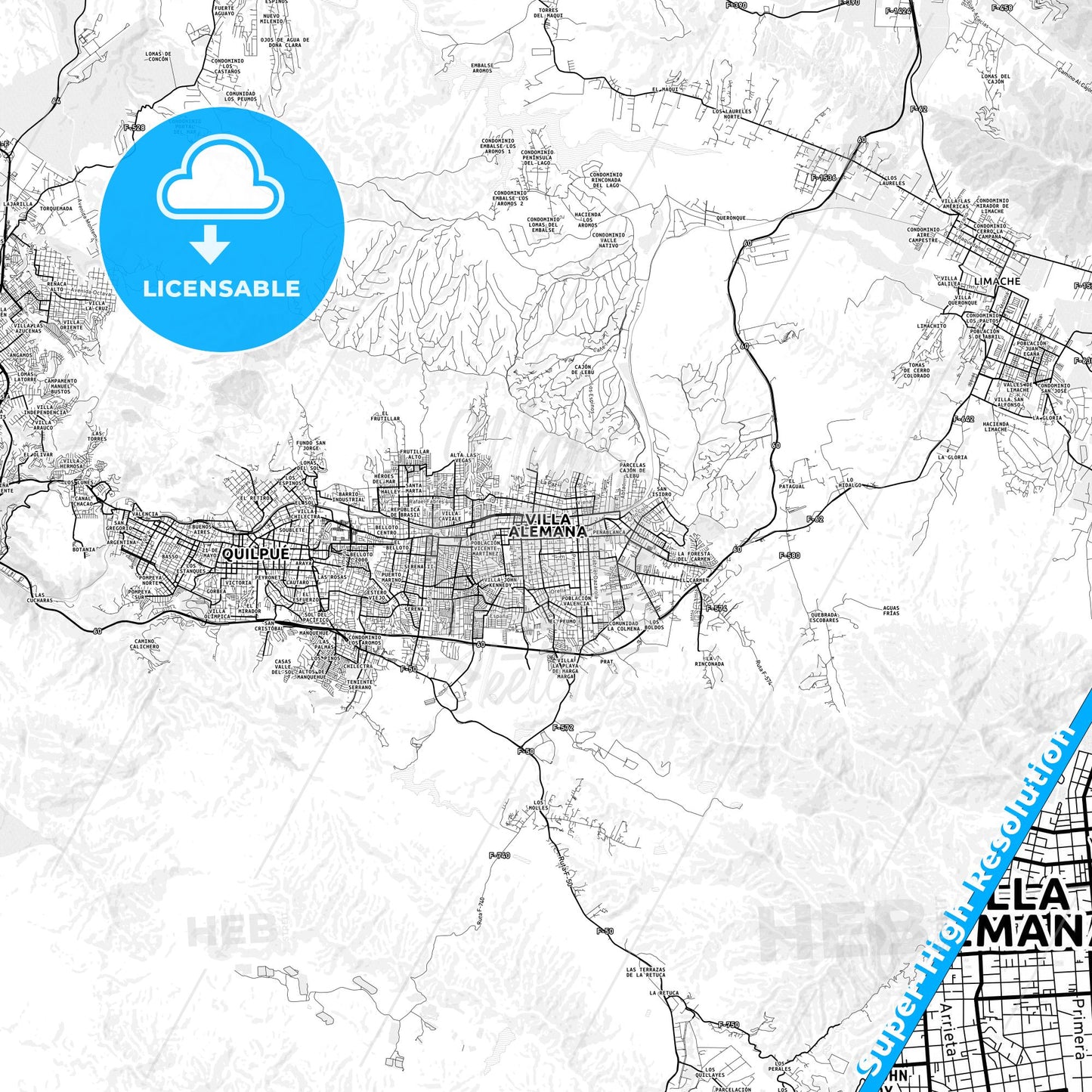 Villa Alemana, Chile light map with streetnames, citynames and districts