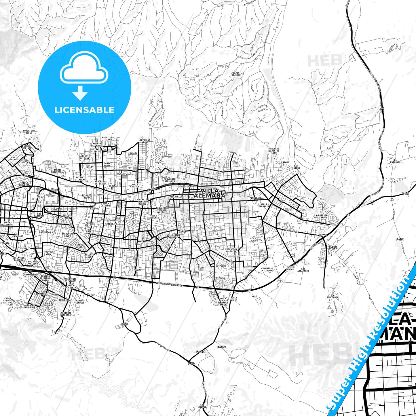 Villa Alemana, Chile Light Map with Street Names, City Names, and Districts