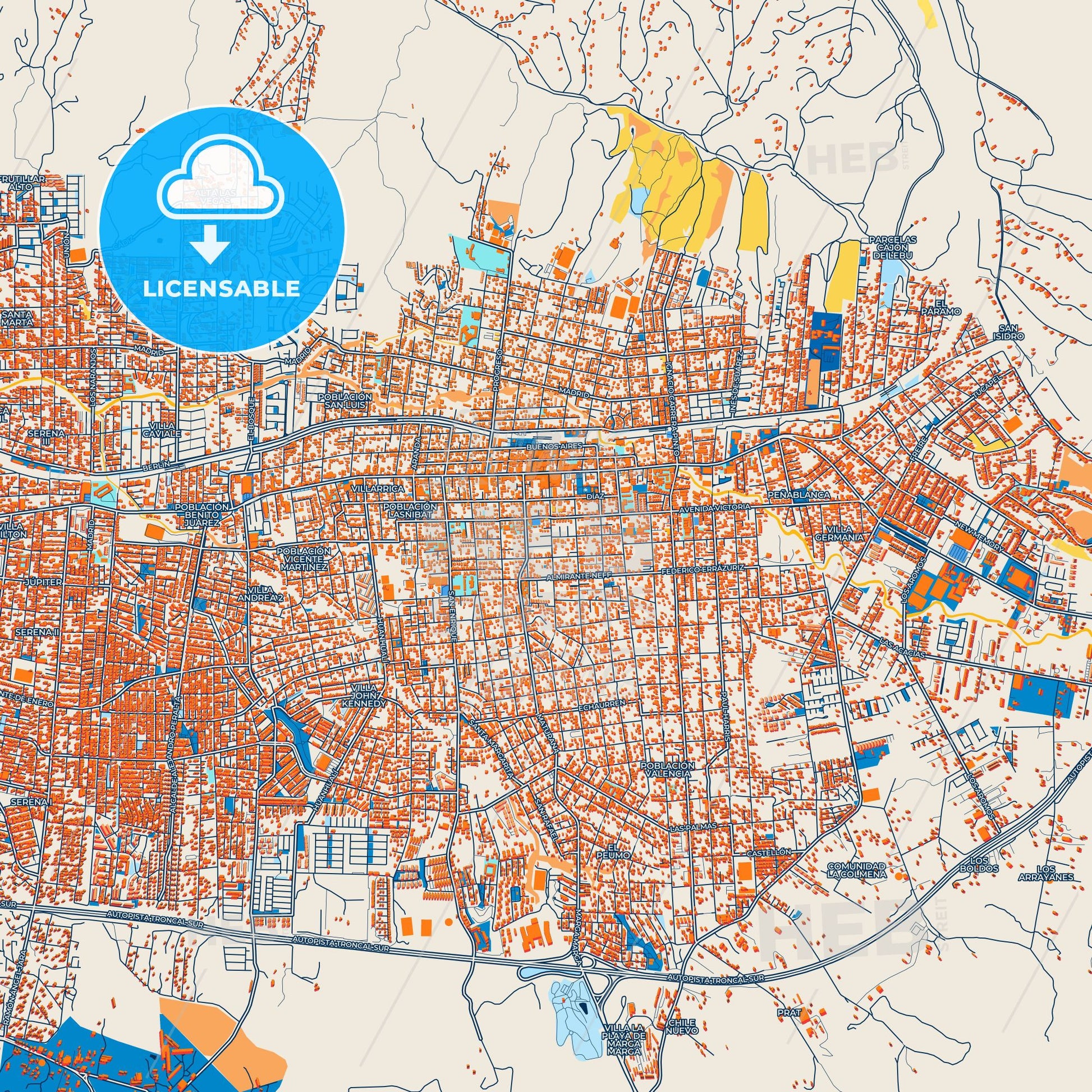 Colorful Villa Alemana Street Map with Labels and Buildings